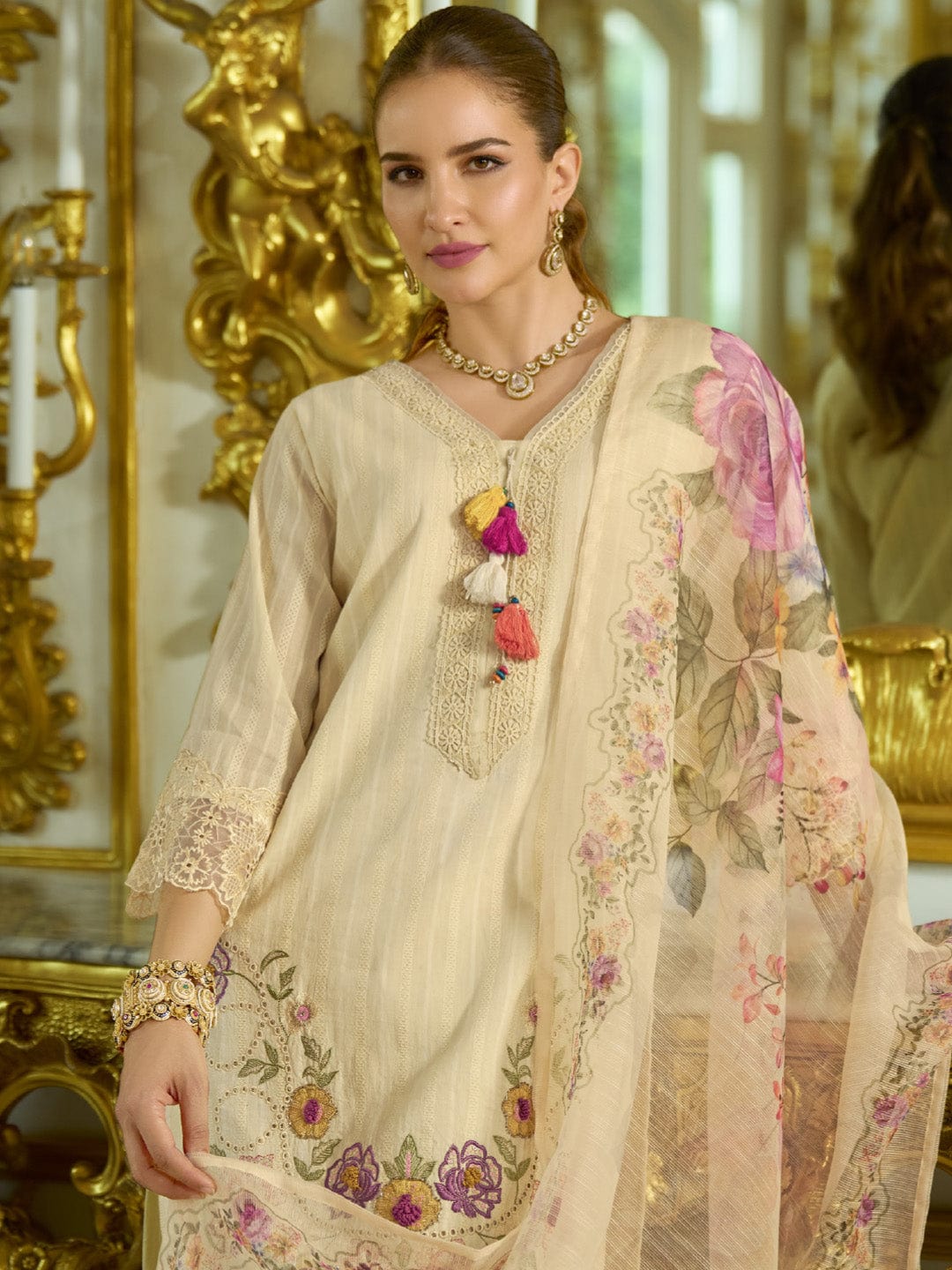 The Kurti Collection Women-Floral Motif Thread Embroidered Schiffli & Orangza Lace Detailed Kurta With Trouser & Dupatta