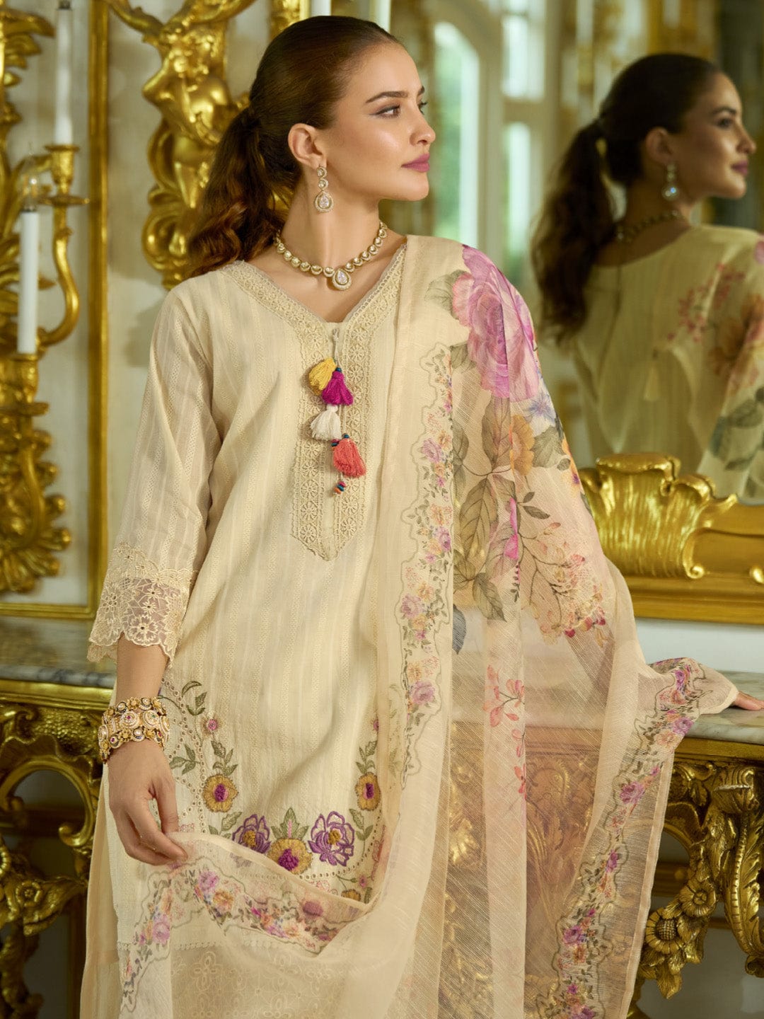 The Kurti Collection Women-Floral Motif Thread Embroidered Schiffli & Orangza Lace Detailed Kurta With Trouser & Dupatta
