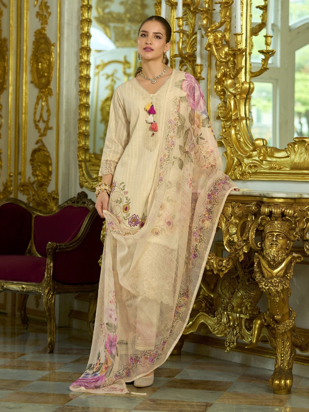 The Kurti Collection Women-Floral Motif Thread Embroidered Schiffli & Orangza Lace Detailed Kurta With Trouser & Dupatta