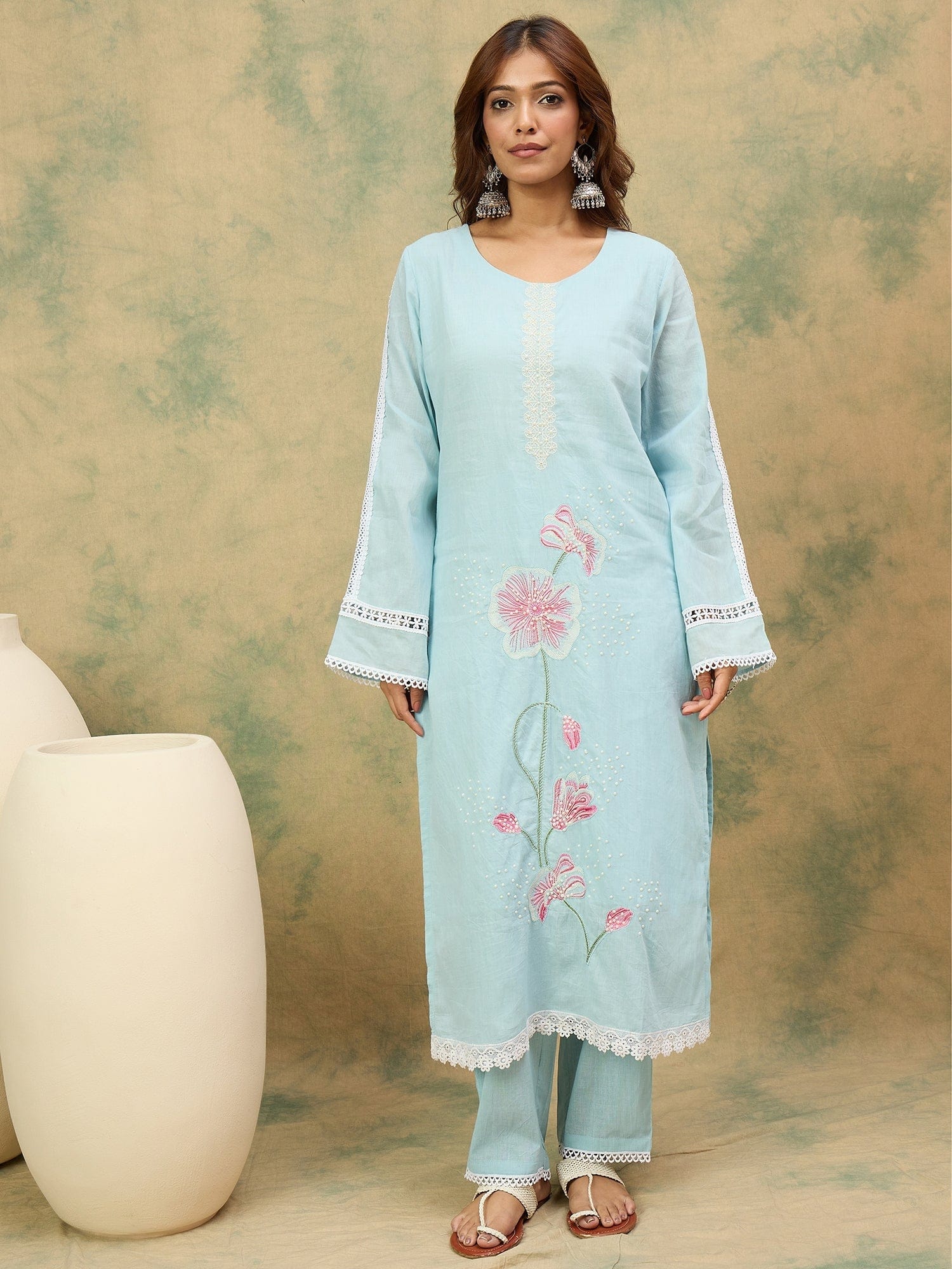The Kurti Collection Women A Graceful 3-Piece Set Featuring A Sky Blue Straight-Fit Kurta With Bell Sleeves, Solid Ankle-Length Trousers, And A Floral Printed Dupatta For A Timeless Ethnic Look.
