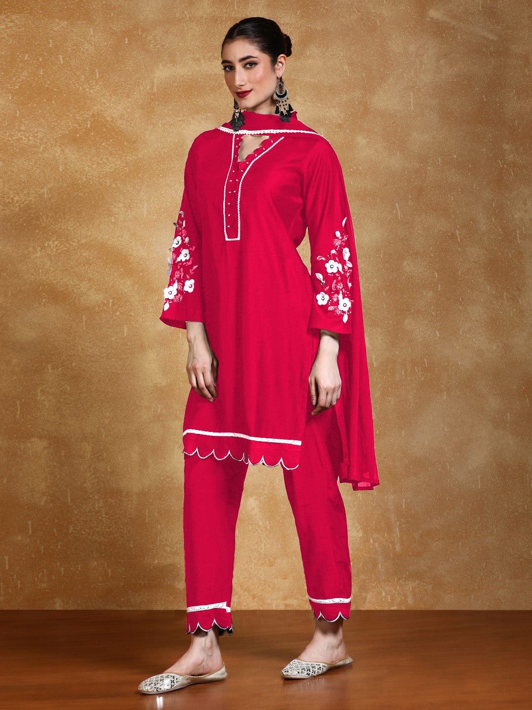 The Kurti Collection Women Kurta Set With 3D Work On The Sleeves Paired With Solid Trousers And Dupatta.