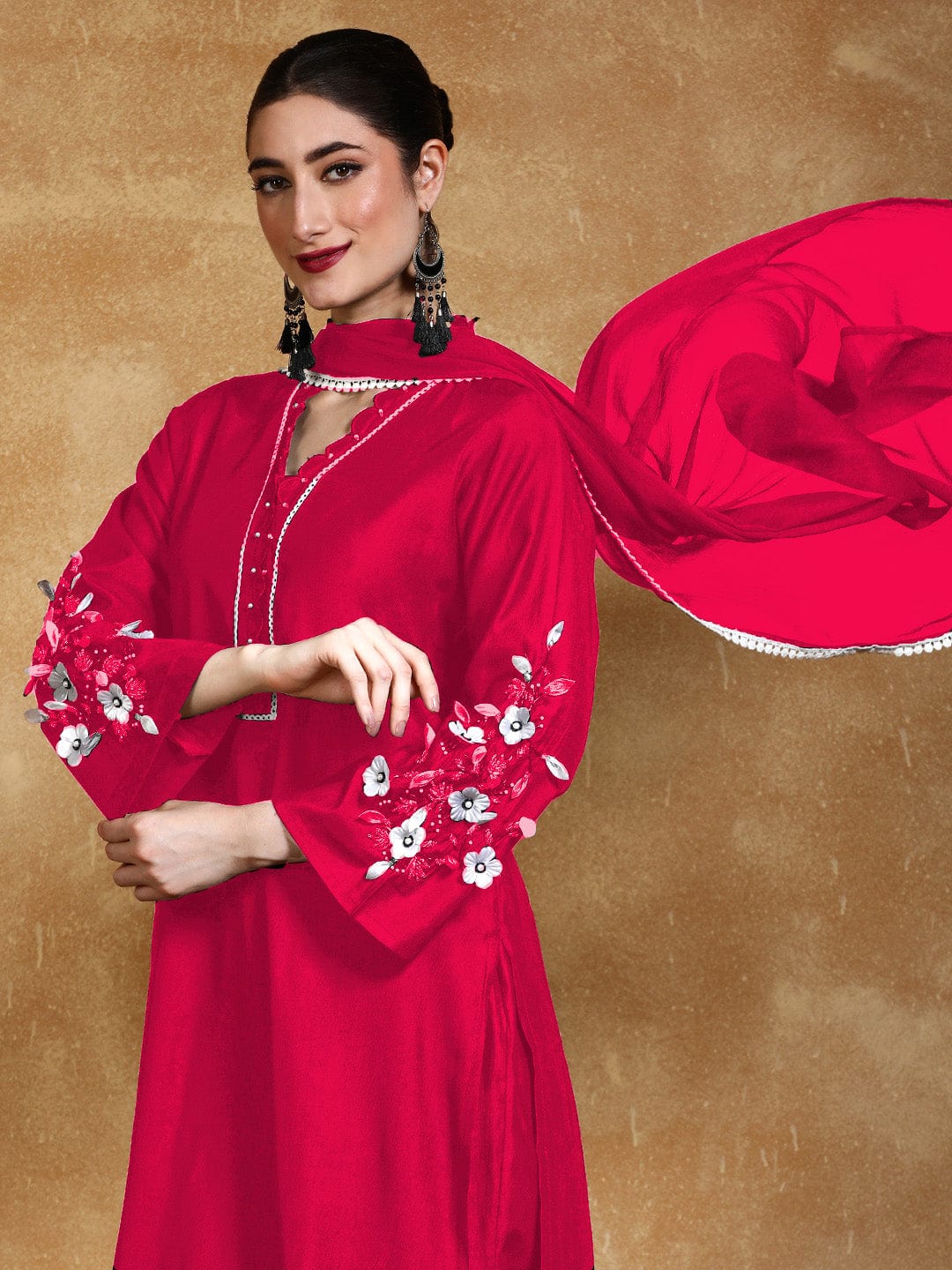 The Kurti Collection Women Kurta Set With 3D Work On The Sleeves Paired With Solid Trousers And Dupatta.
