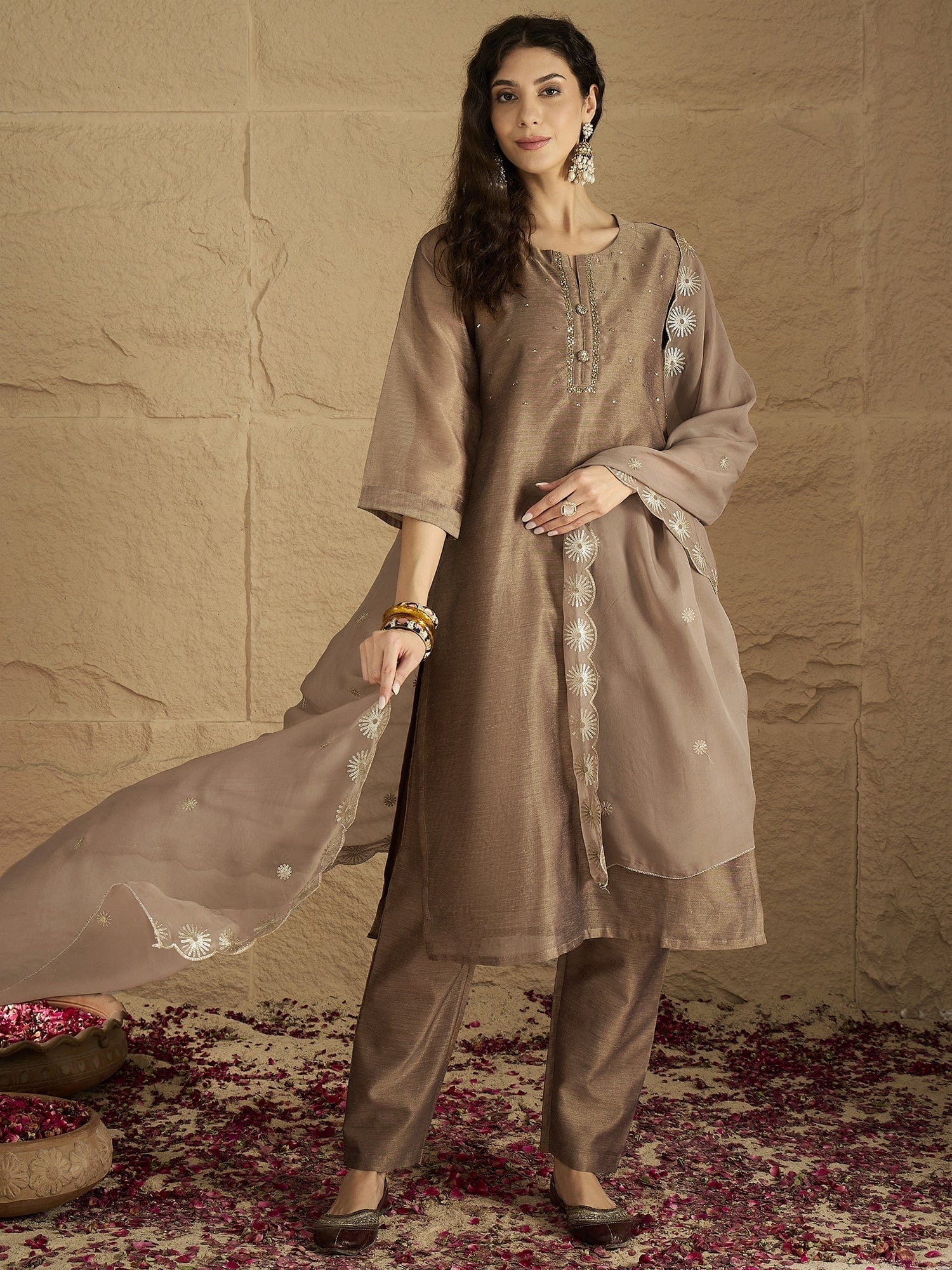The Kurti Collection Women Elegant Three-Piece Brown Shimmer Kurta Set With Sequin Detailing, Solid Ankle-Length Trousers, And An Embroidered Dupatta Perfect For Festive Occasions.