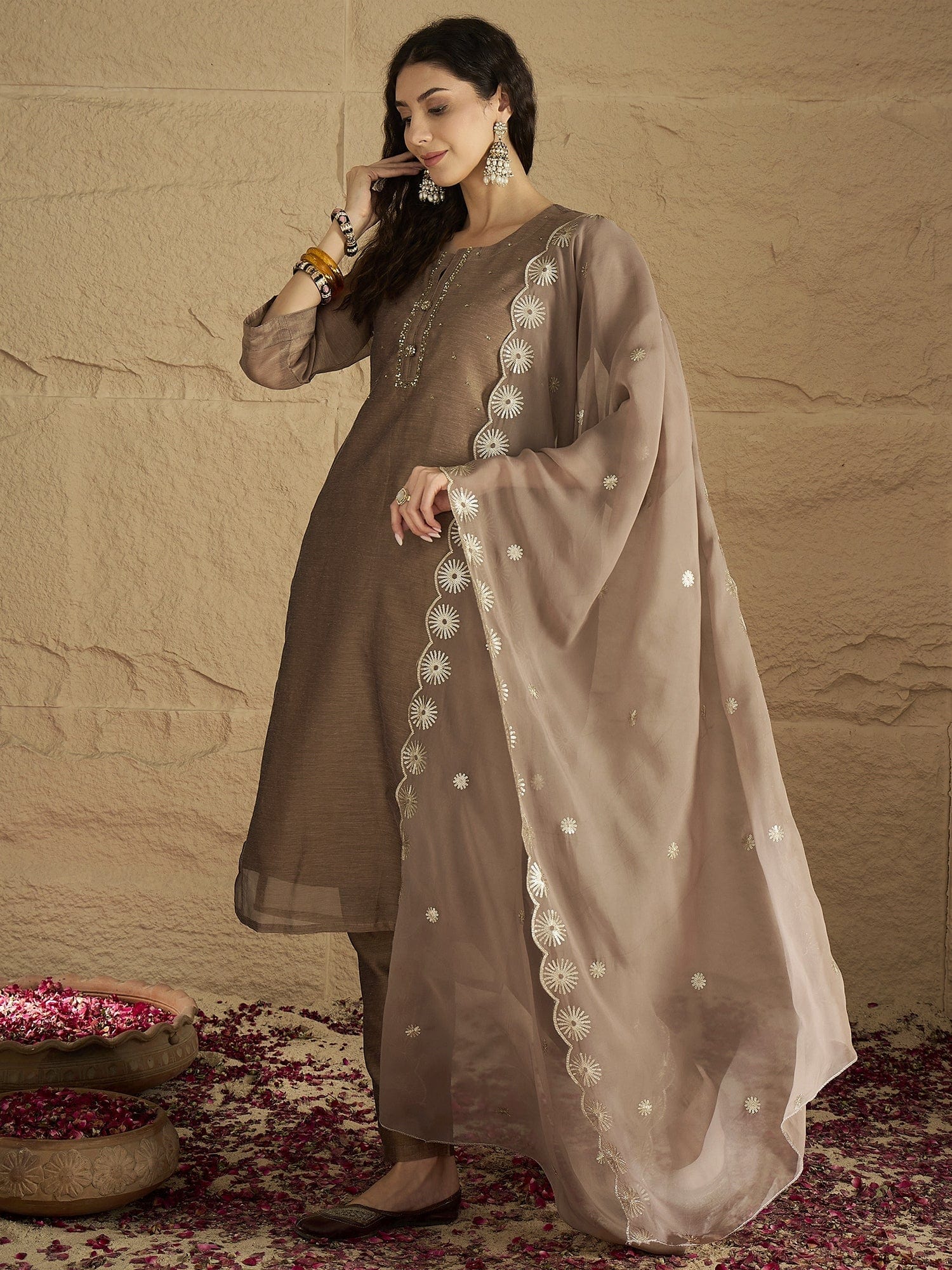 Varanga Women Elegant Three-Piece Brown Shimmer Kurta Set With Sequin Detailing, Solid Ankle-Length Trousers, And An Embroidered Dupatta Perfect For Festive Occasions.