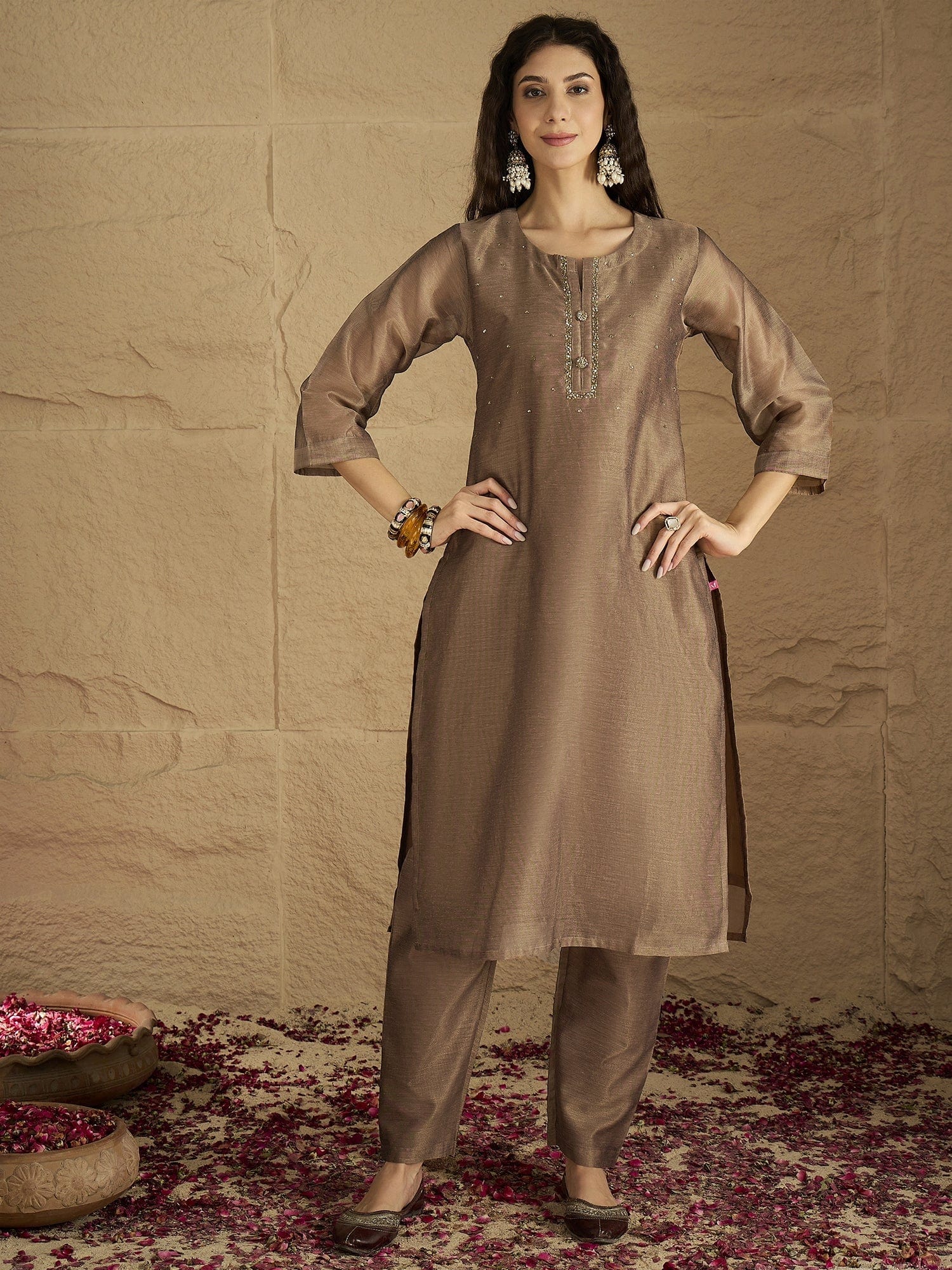 Varanga Women Elegant Three-Piece Brown Shimmer Kurta Set With Sequin Detailing, Solid Ankle-Length Trousers, And An Embroidered Dupatta Perfect For Festive Occasions.