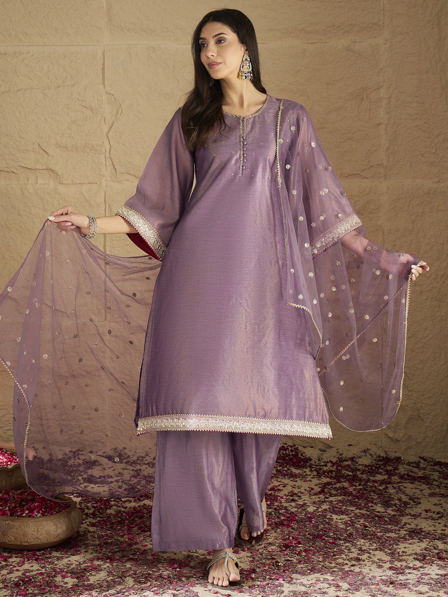 The Kurti Collection Women Elegant Three-Piece Brown Shimmer Kurta Set With Sequin Detailing, Solid Ankle-Length Trousers, And An Embroidered Dupatta