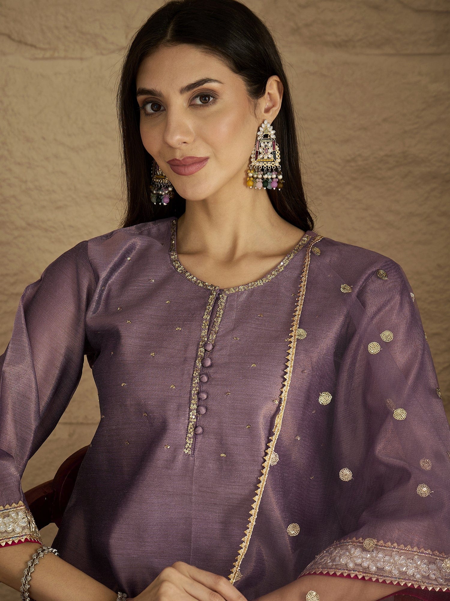 The Kurti Collection Women Elegant Three-Piece Brown Shimmer Kurta Set With Sequin Detailing, Solid Ankle-Length Trousers, And An Embroidered Dupatta