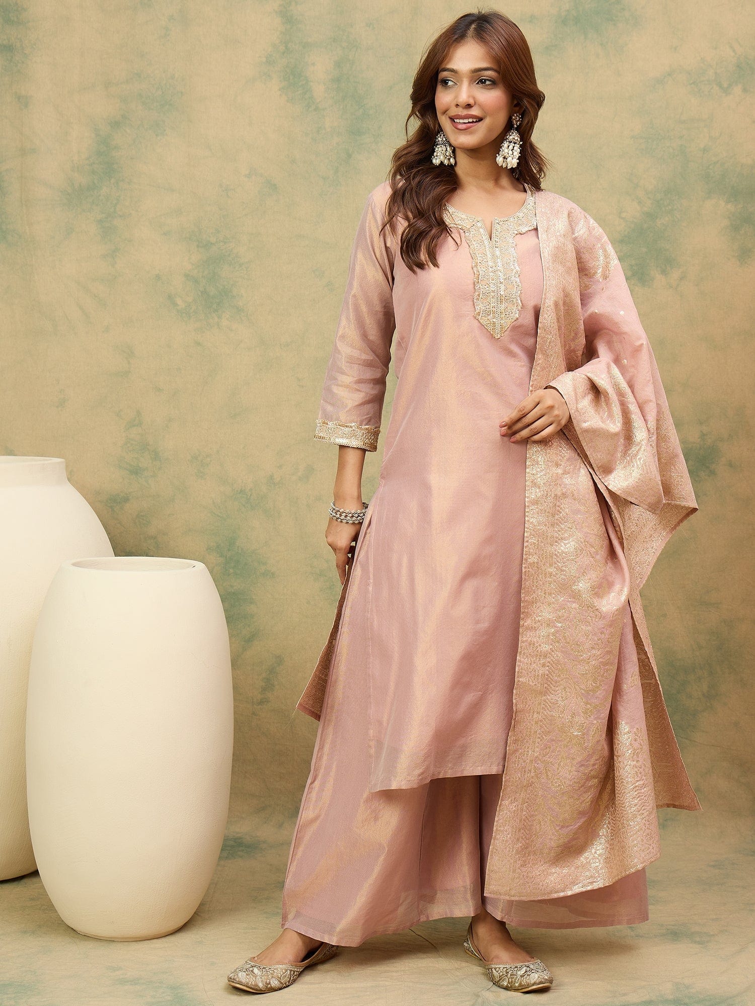 The Kurti Collection Women Kurta Features A Straight Fit, Shimmering Fabric, And An Intricately Zari- Lace Yoke,Paired With Solid Divider And A Shiny Lurex Line Dupatta .