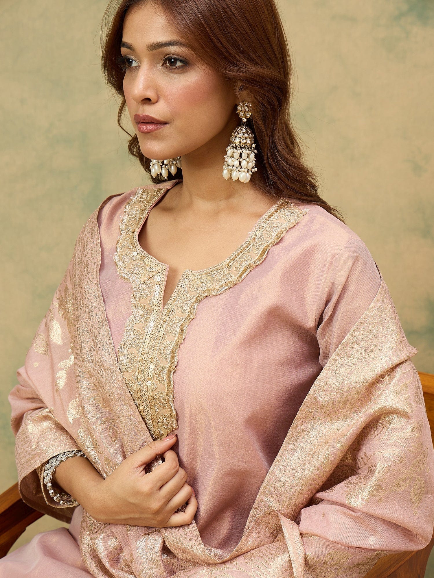 The Kurti Collection Women Kurta Features A Straight Fit, Shimmering Fabric, And An Intricately Zari- Lace Yoke,Paired With Solid Divider And A Shiny Lurex Line Dupatta .