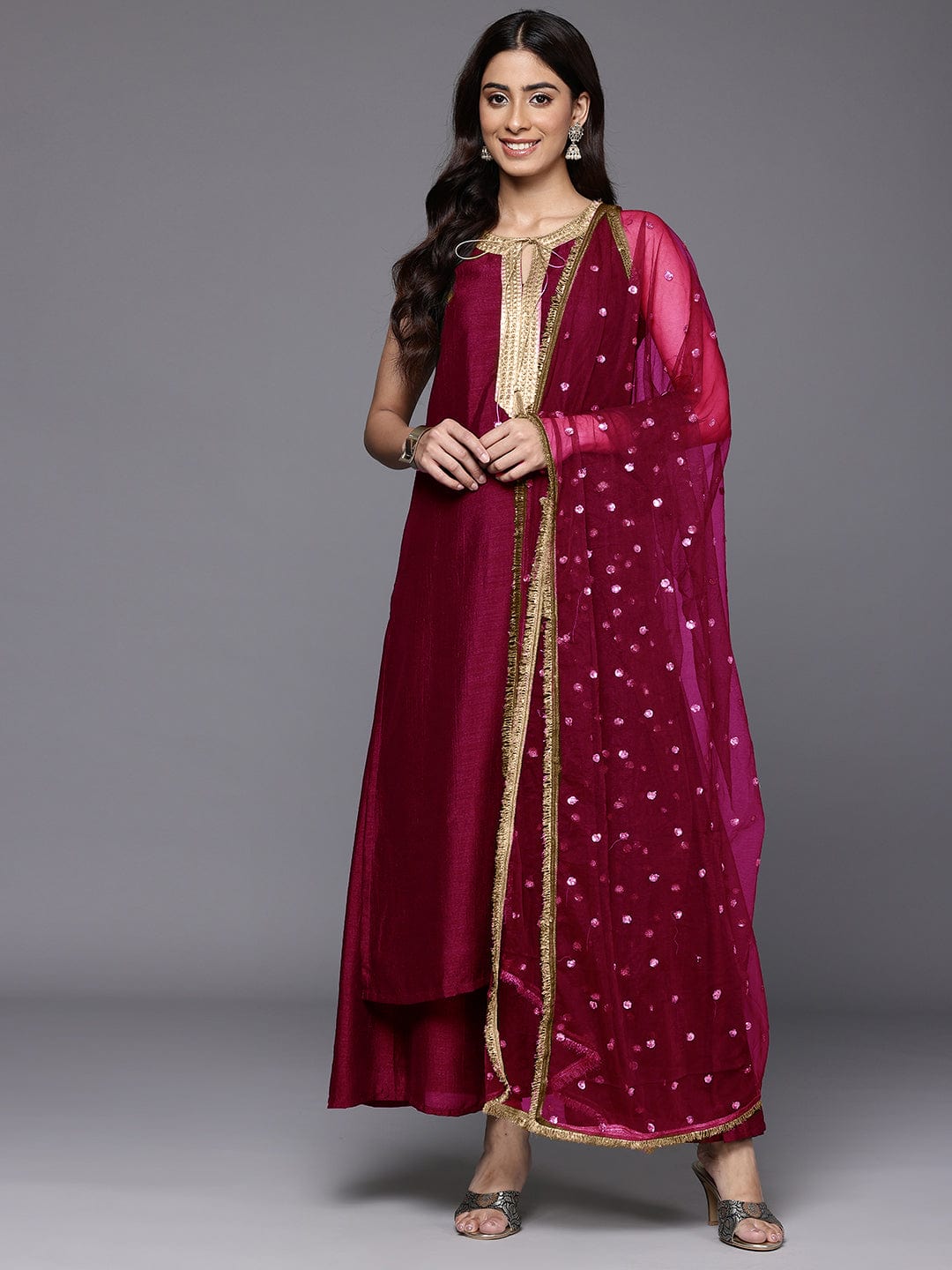 The Kurti Collection Women Fuchsia Lace Embellished Sleeveless Straight Kurta Paired With Tonal Plazzo And Dupatta