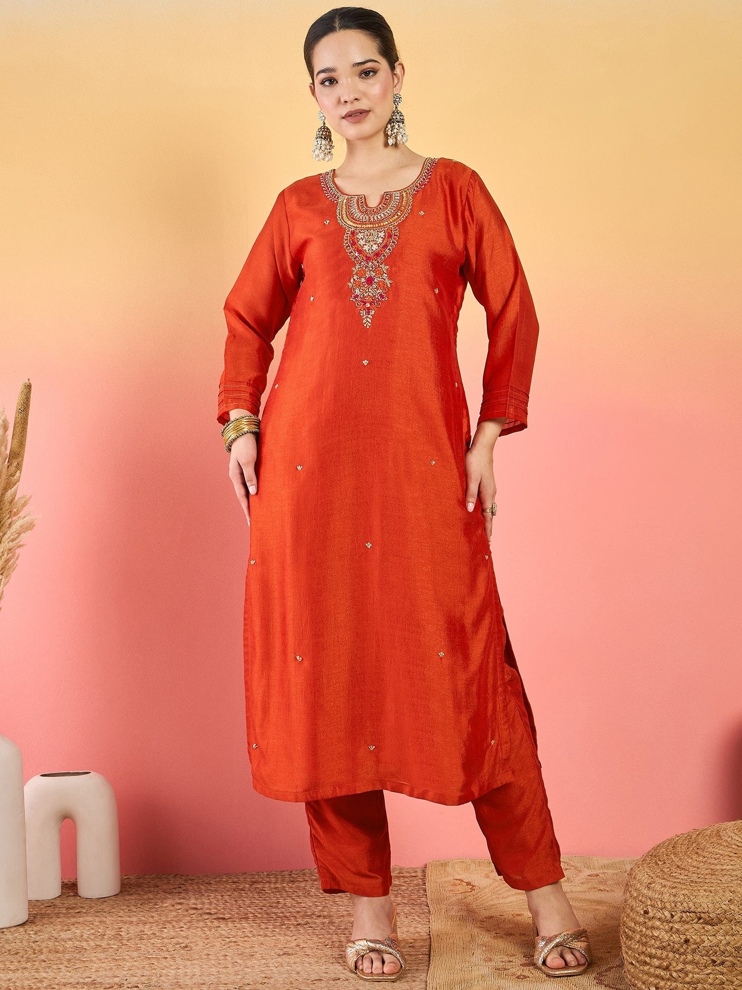 The Kurti Collection A Gracefully Beaded Yoke Kurta Paired With Solid Trousers And A Matching Dupatta
