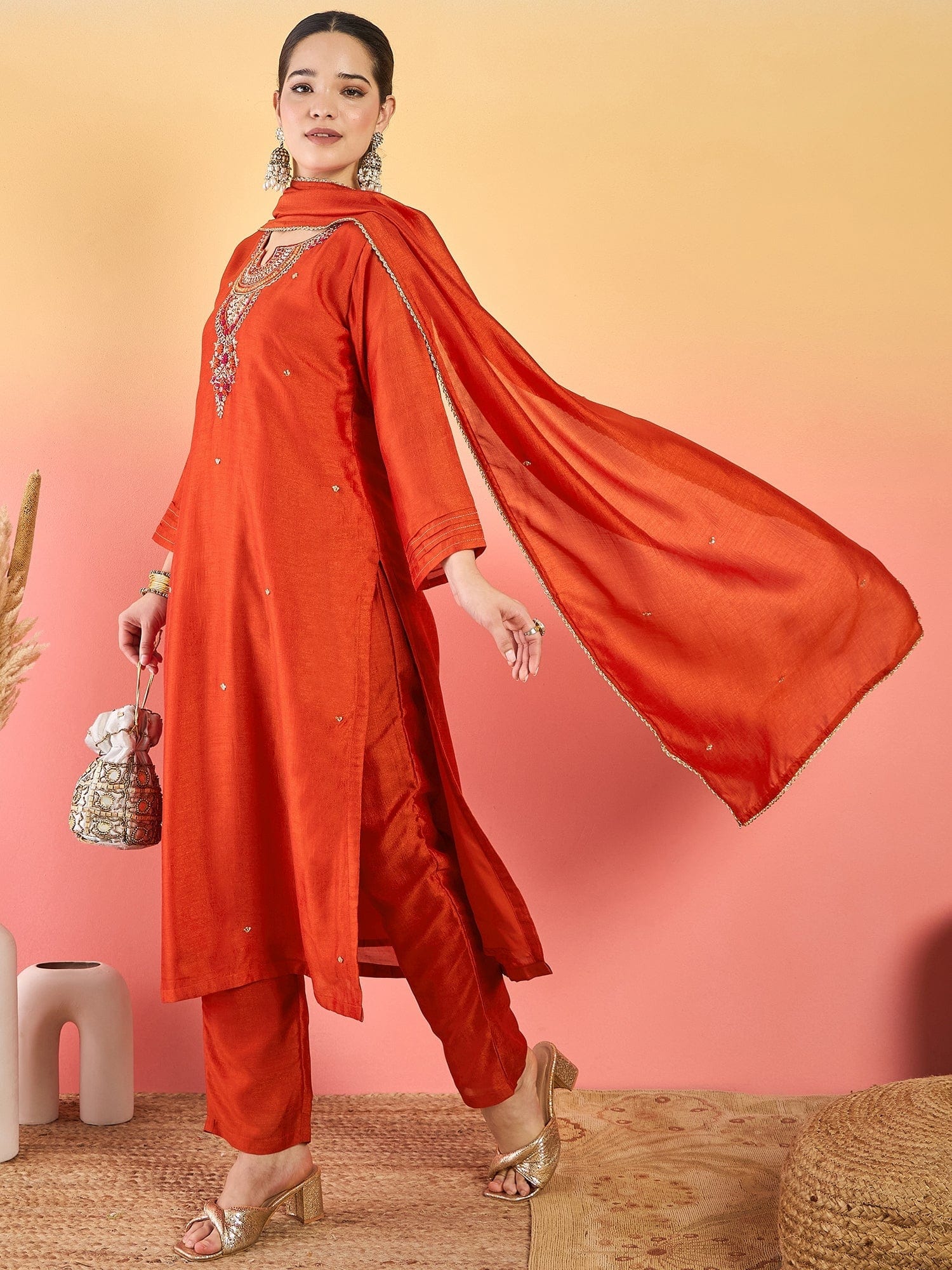 The Kurti Collection A Gracefully Beaded Yoke Kurta Paired With Solid Trousers And A Matching Dupatta