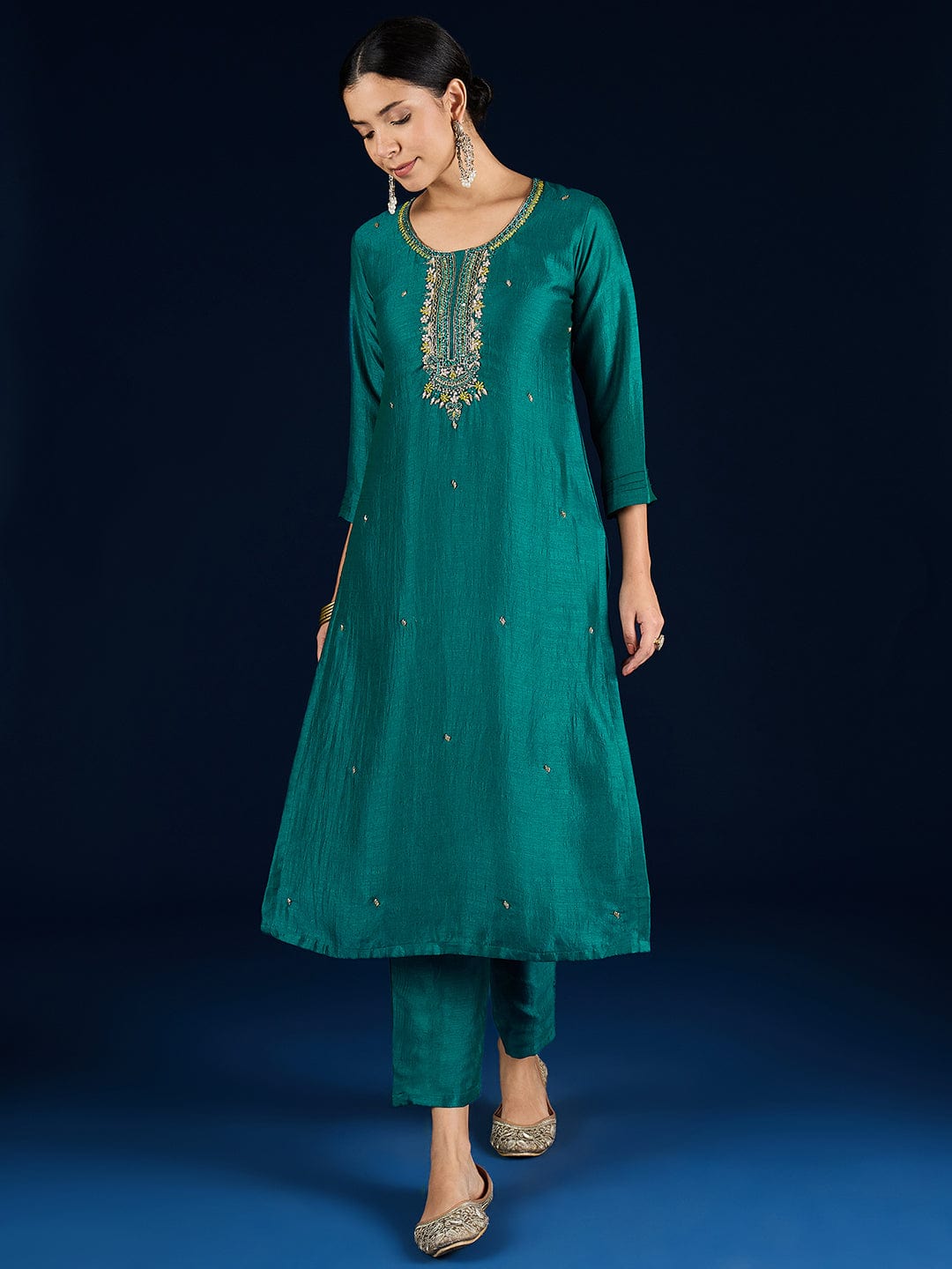 The Kurti Collection Purple 3-Piece Set With A Beadwork Yoke Kurta, Solid Trousers And Dupatta