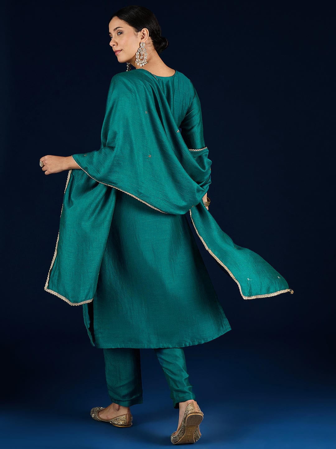 The Kurti Collection Purple 3-Piece Set With A Beadwork Yoke Kurta, Solid Trousers And Dupatta