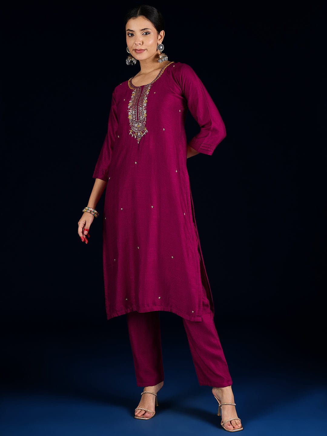 The Kurti Collection Purple 3-Piece Set With A Beadwork Yoke Kurta, Solid Trousers And Dupatta
