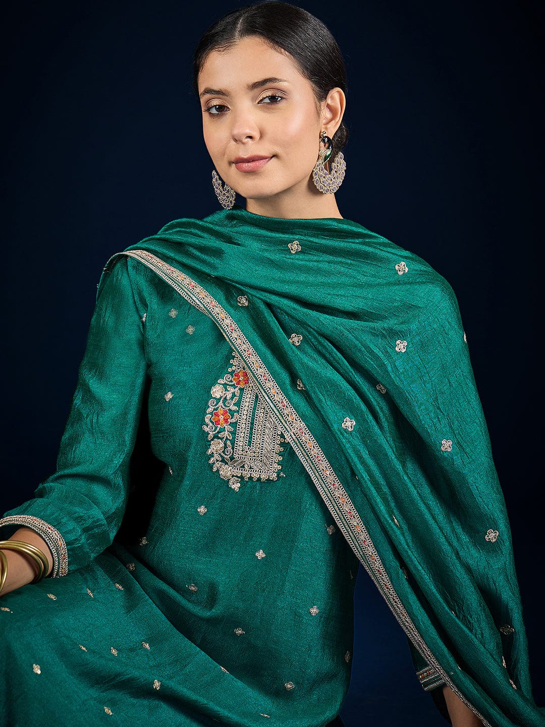 The Kurti Collection Teal Kurta Set Featuring Beadwork Detailing, Embroidered Hem Trousers, And A Hand-Embroidered Dupatta For A Timeless Ethnic Look.