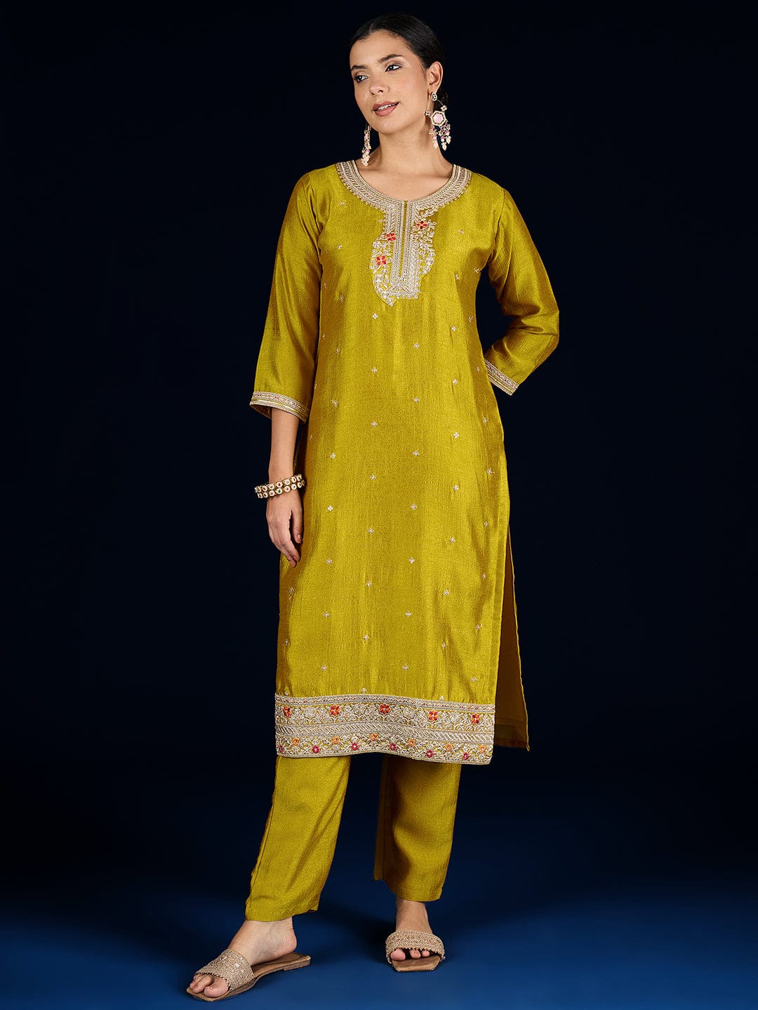 The Kurti Collection Kurta Set Featuring Beadwork Detailing, Embroidered Hem Trousers, And A Hand-Embroidered Dupatta For A Timeless Ethnic Look.