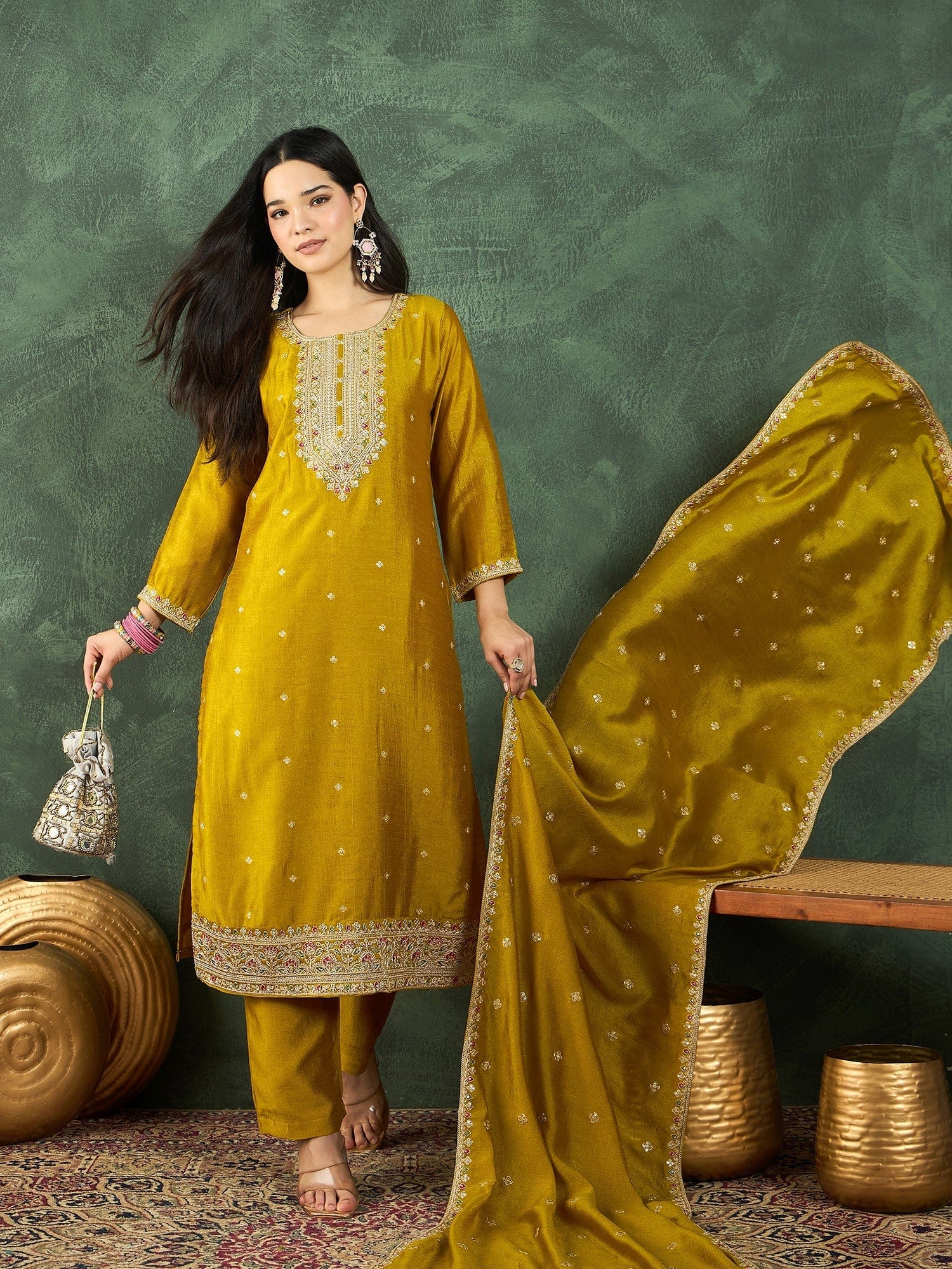 The Kurti Collection Kurta With Intricate Zari-Embroidered Yoke Is Paired With Ankle-Length Solid Trousers And A Matching Zari-Accented Dupatta