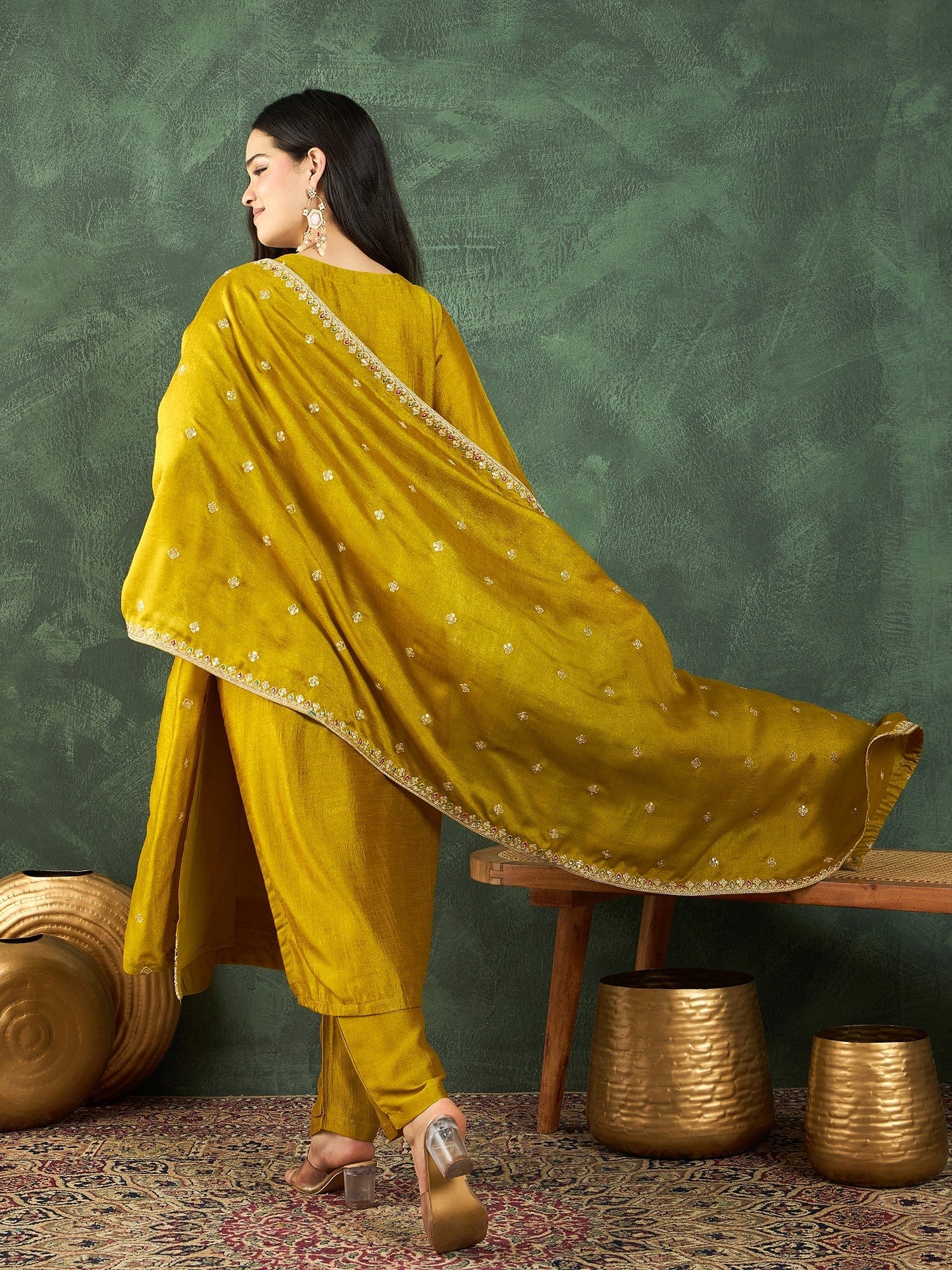 The Kurti Collection Kurta With Intricate Zari-Embroidered Yoke Is Paired With Ankle-Length Solid Trousers And A Matching Zari-Accented Dupatta