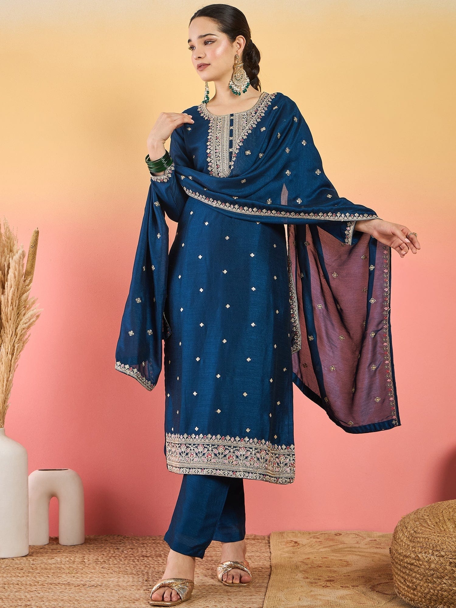 The Kurti Collection Kurta With Intricate Zari-Embroidered Yoke Is Paired With Ankle-Length Solid Trousers And A Matching Zari-Accented Dupatta