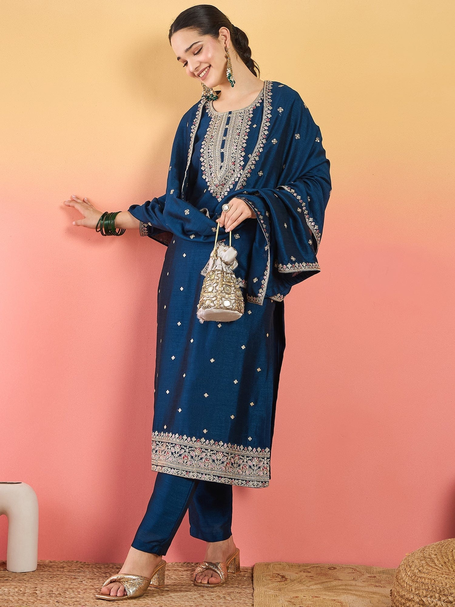 The Kurti Collection Kurta With Intricate Zari-Embroidered Yoke Is Paired With Ankle-Length Solid Trousers And A Matching Zari-Accented Dupatta