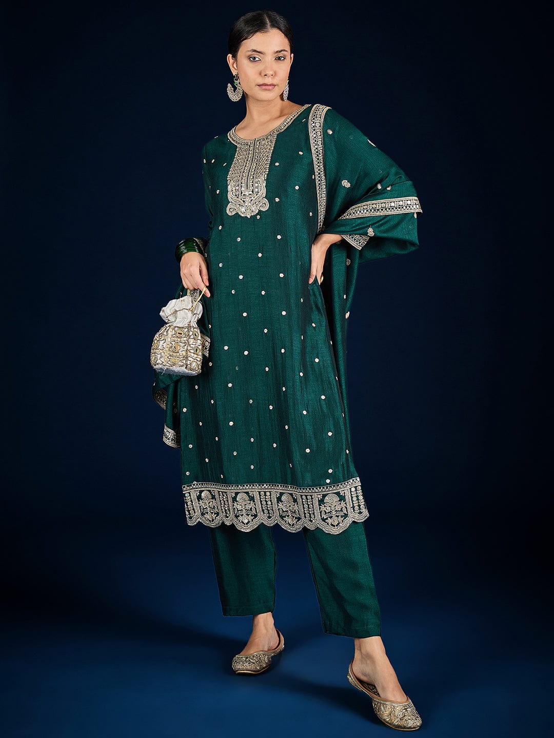 The Kurti Collection Graceful Green 3-Piece Set Featuring A Zari-Embroidered Kurta, Solid Ankle-Length Trousers, And An Elegant Embroidered Dupatta.