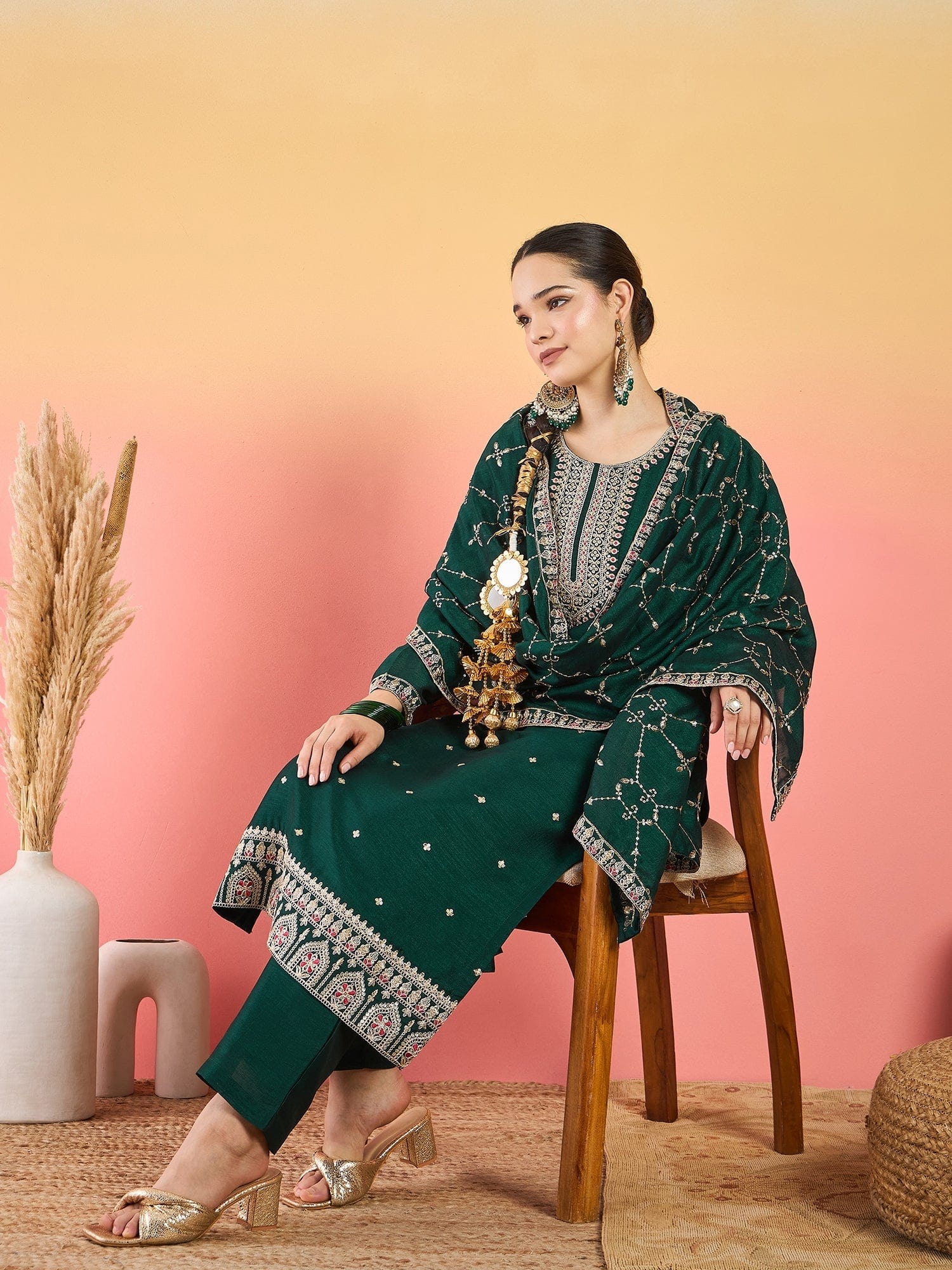 The Kurti Collection Vichitra Bead-Embellished Round Neck Kurta, Solid Ankle-Length Trousers, And An Elegant Embroidered Dupatta