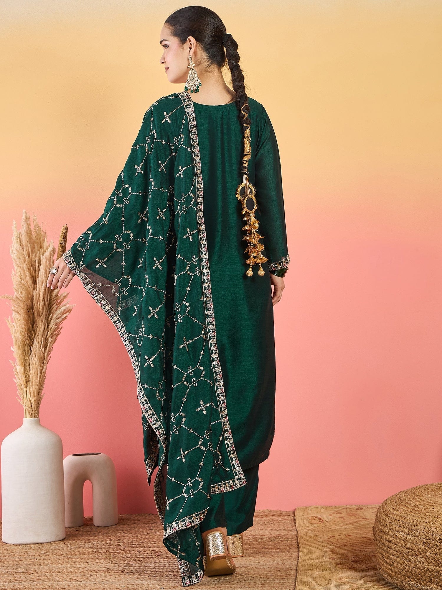 The Kurti Collection Vichitra Bead-Embellished Round Neck Kurta, Solid Ankle-Length Trousers, And An Elegant Embroidered Dupatta