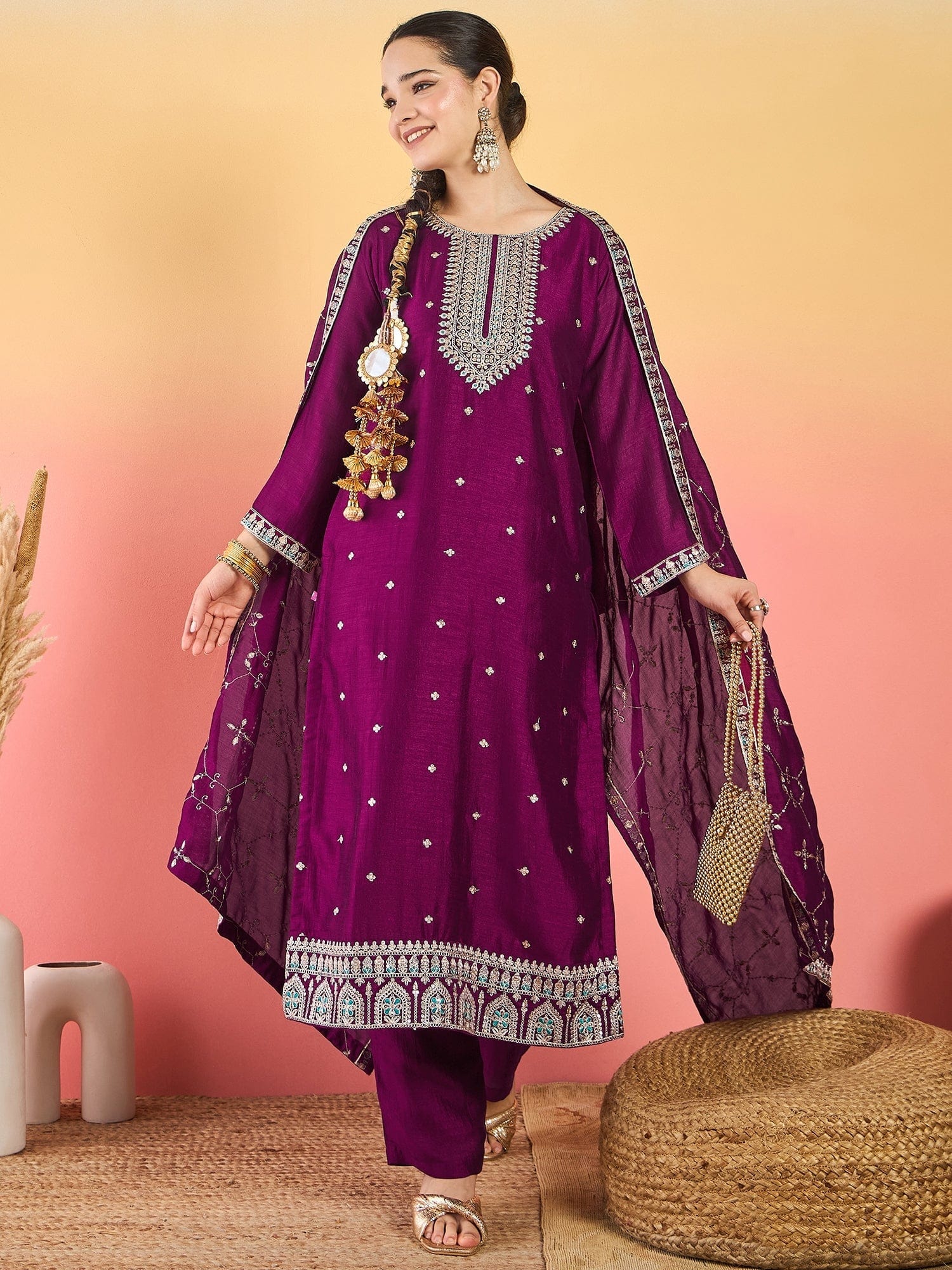 The Kurti Collection Vichitra Bead-Embellished Round Neck Kurta, Solid Ankle-Length Trousers, And An Elegant Embroidered Dupatta