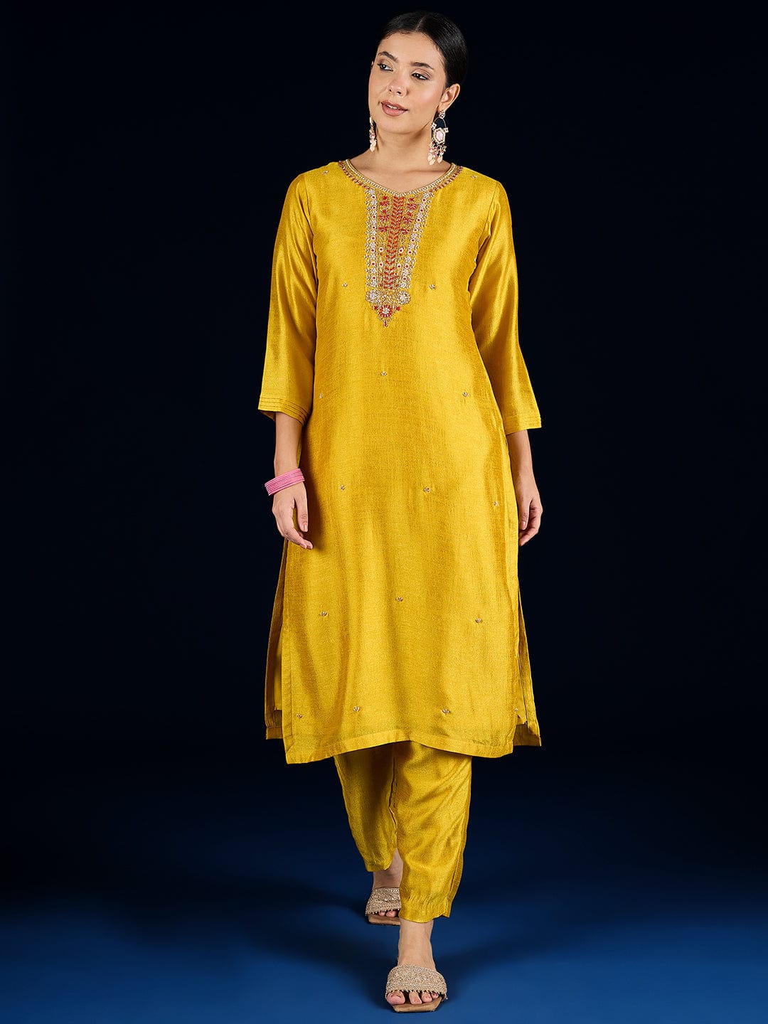 The Kurti Collection Vichitra Bead-Embellished Round Neck Kurta, Solid Ankle-Length Trousers, And An Elegant Embroidered Dupatta