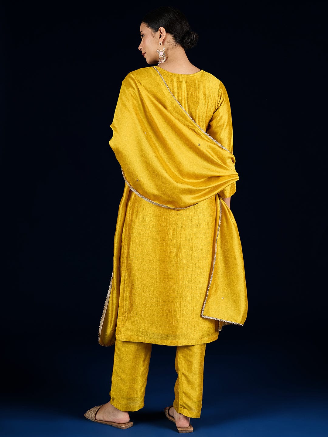 The Kurti Collection Vichitra Bead-Embellished Round Neck Kurta, Solid Ankle-Length Trousers, And An Elegant Embroidered Dupatta