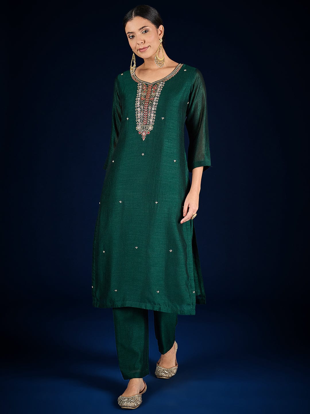 The Kurti Collection Vichitra Bead-Embellished V-Neck Kurta, Solid Ankle-Length Trousers, And An Elegant Embroidered Dupatta