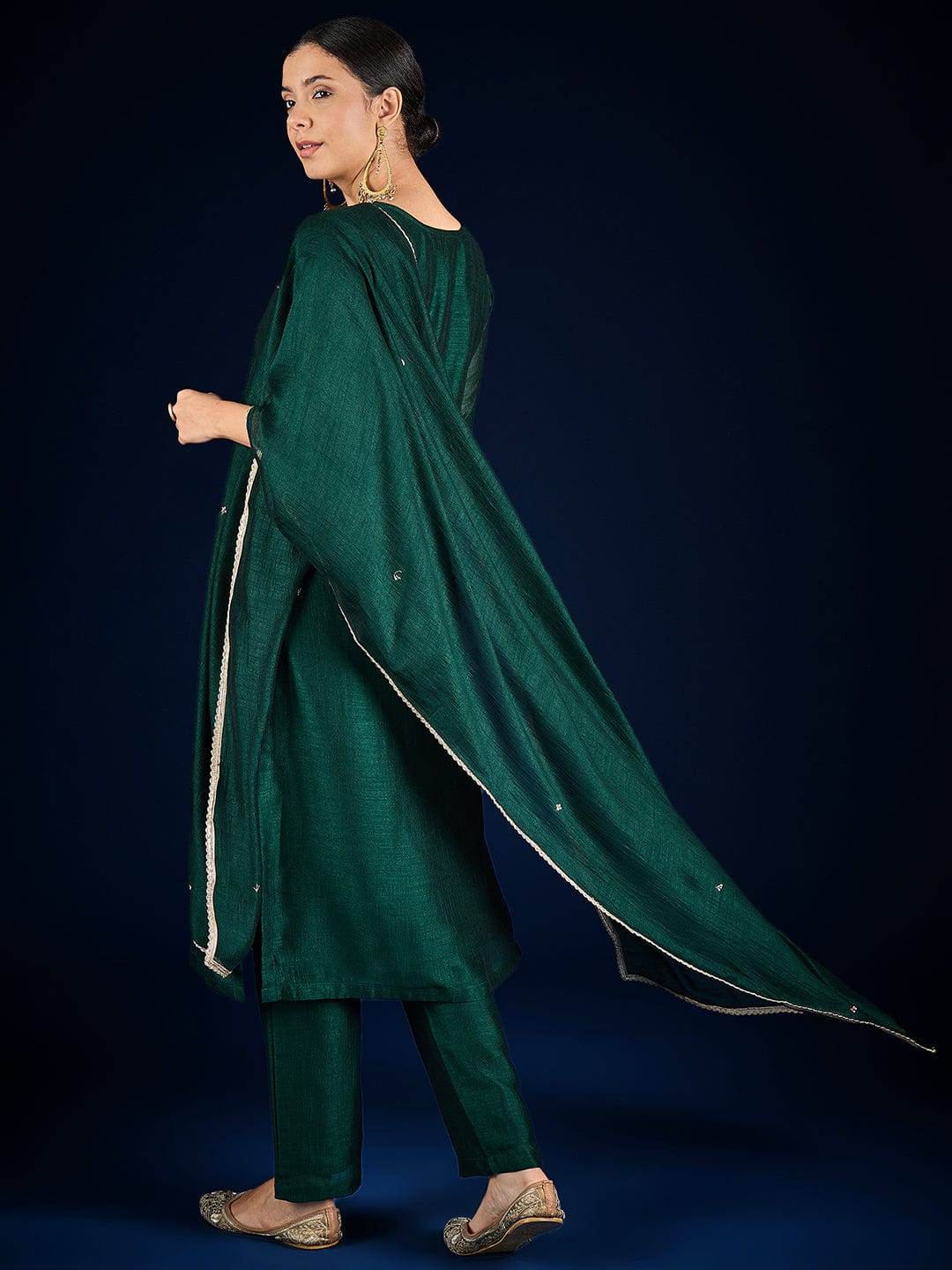 The Kurti Collection Vichitra Bead-Embellished V-Neck Kurta, Solid Ankle-Length Trousers, And An Elegant Embroidered Dupatta
