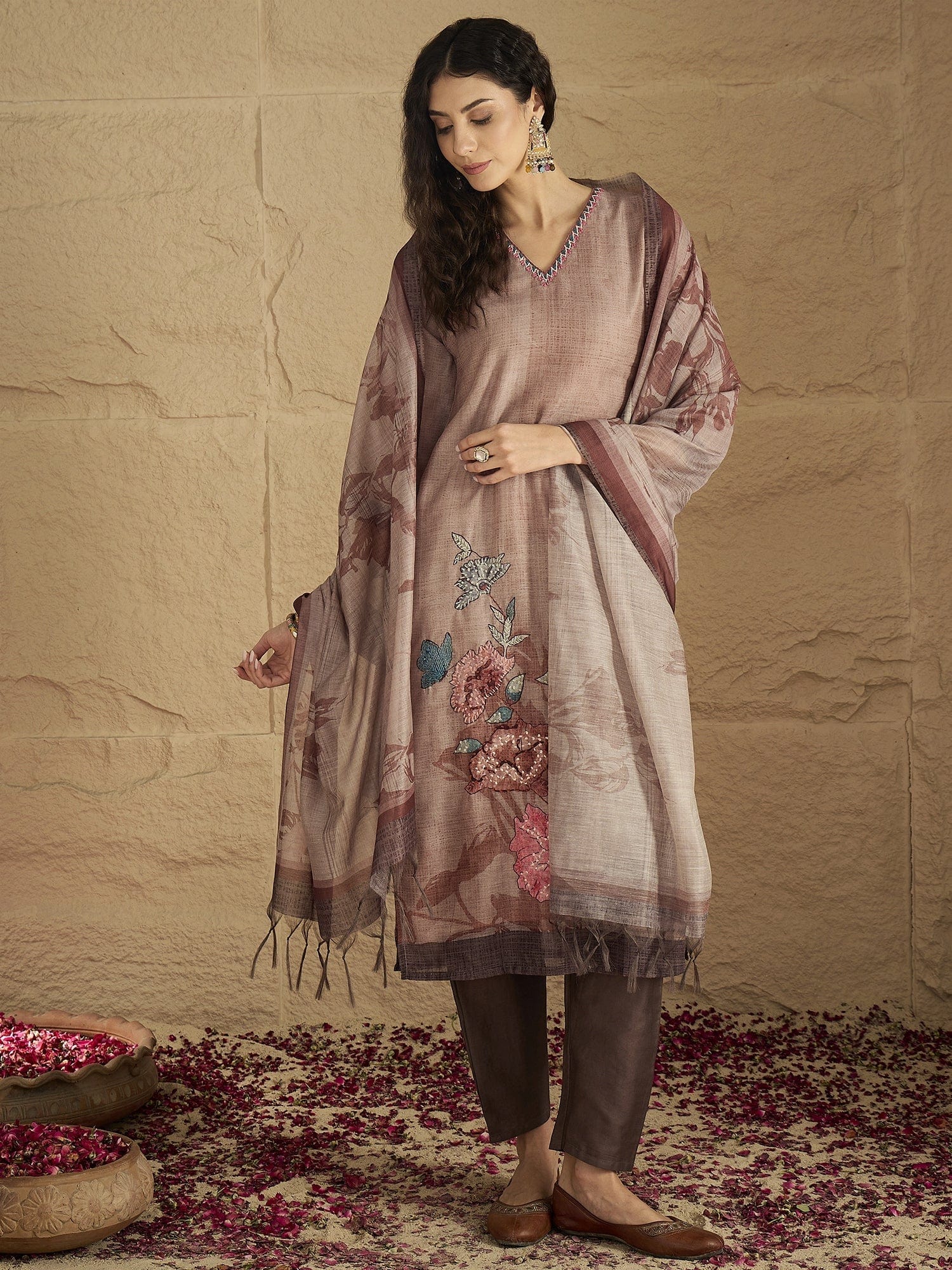 The Kurti Collection Women Graceful Beige Kurta Set Featuring Gota Patti Detailing, Paired With Solid Trousers And Dupatta