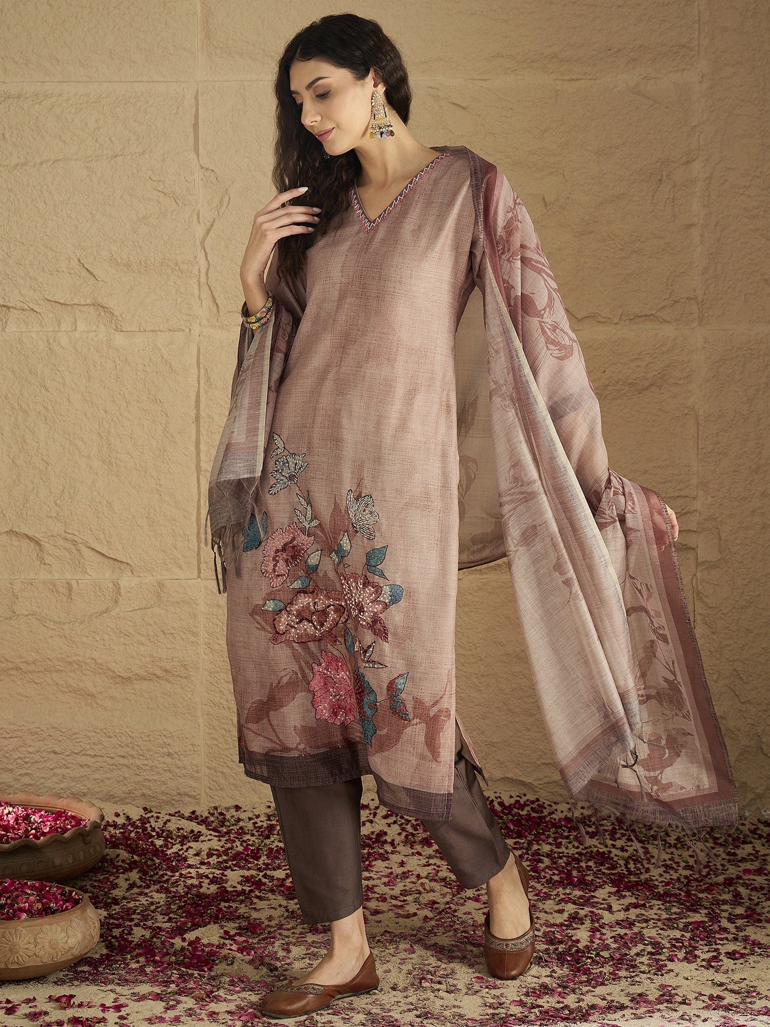The Kurti Collection Women Graceful Beige Kurta Set Featuring Gota Patti Detailing, Paired With Solid Trousers And Dupatta