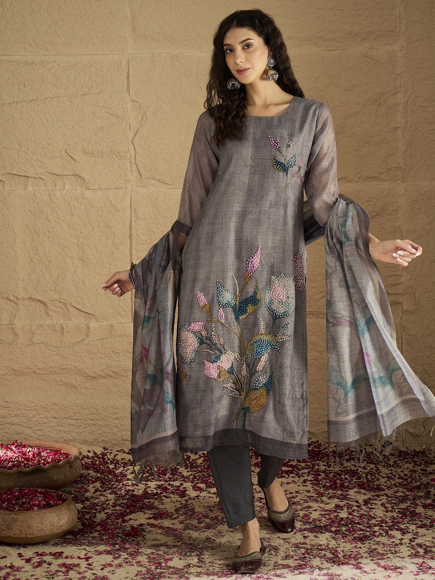 The Kurti Collection Women Graceful Beige Kurta Set Featuring Gota Patti Detailing, Paired With Solid Trousers And Dupatta