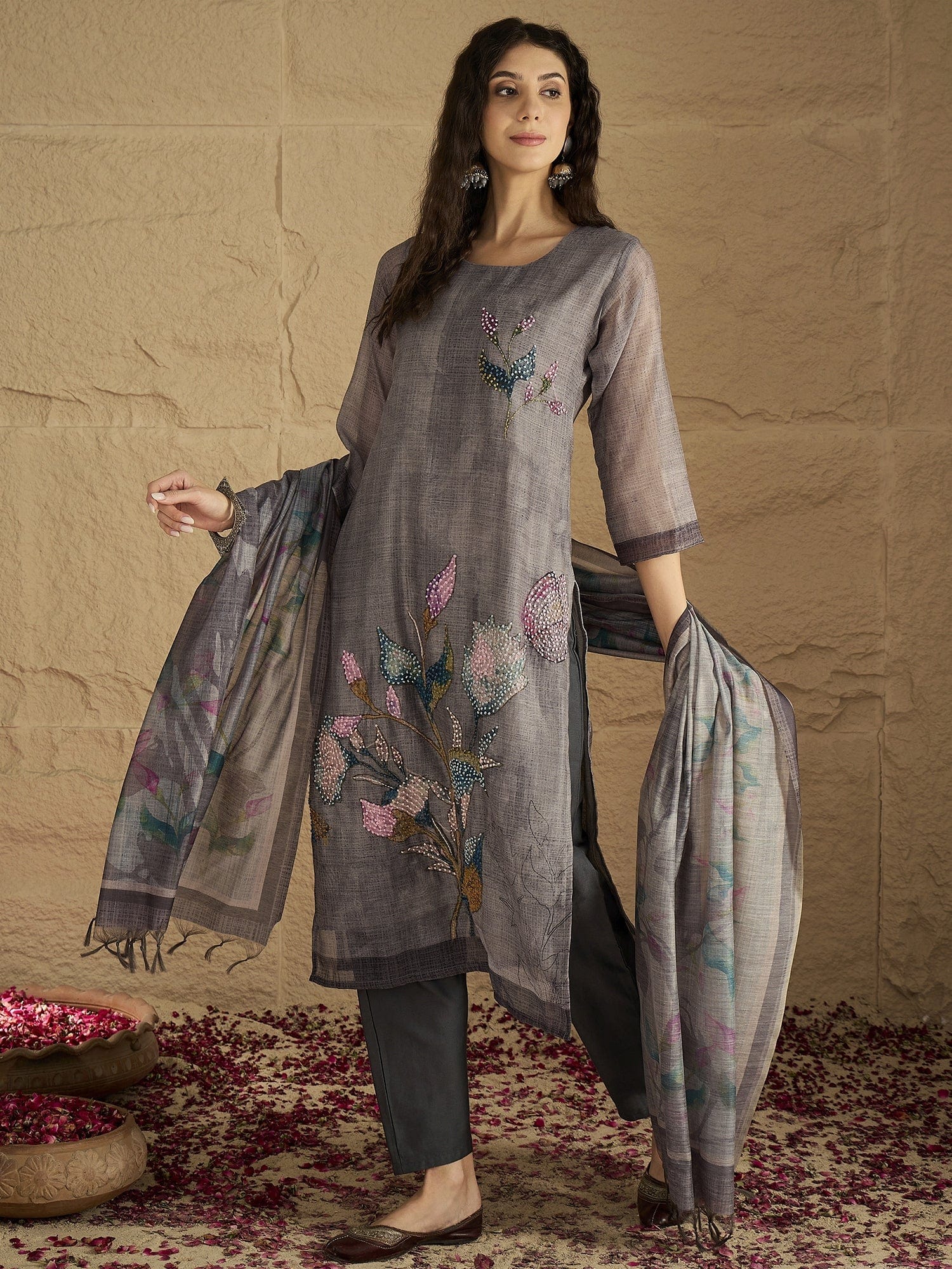 The Kurti Collection Women Graceful Beige Kurta Set Featuring Gota Patti Detailing, Paired With Solid Trousers And Dupatta
