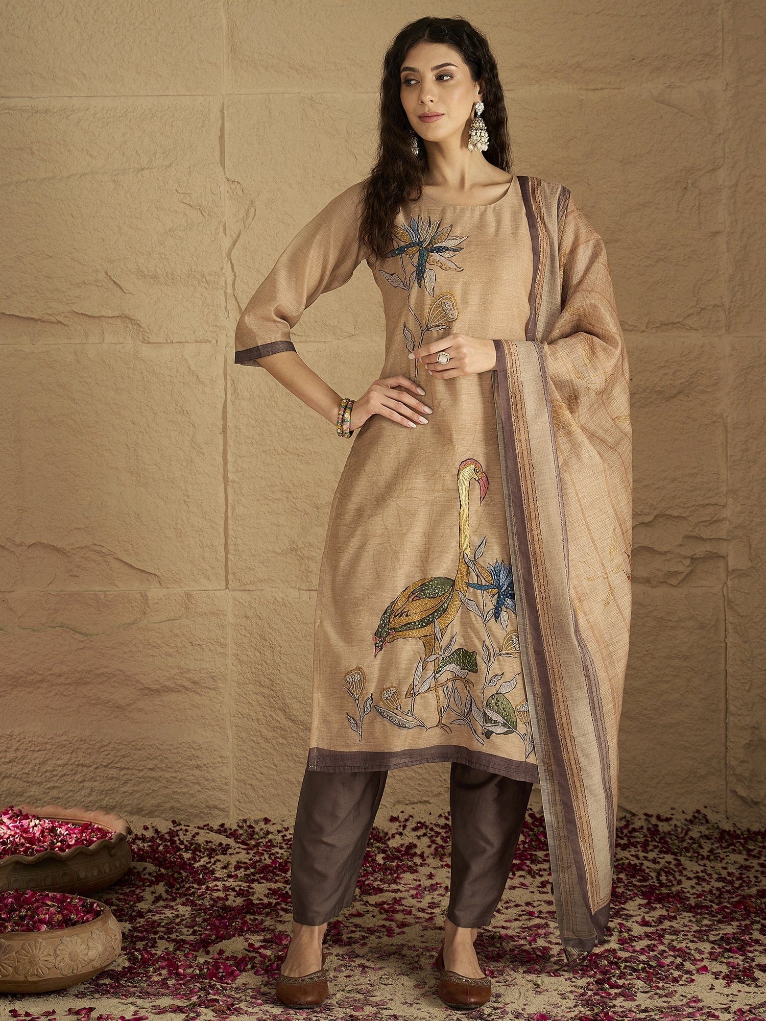 The Kurti Collection Women Graceful Beige Kurta Set Featuring Gota Patti Detailing, Paired With Solid Trousers And Dupatta