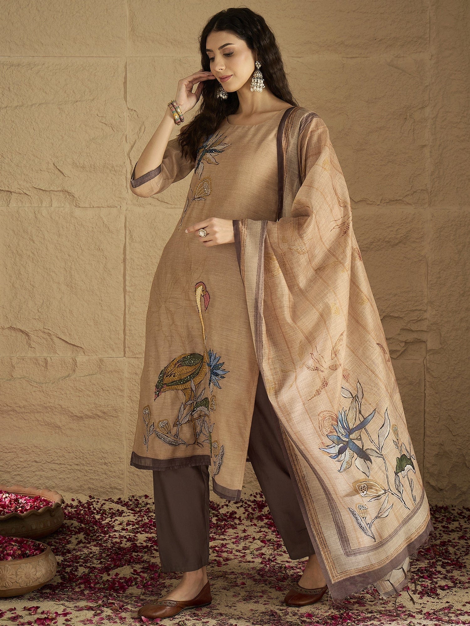 The Kurti Collection Women Graceful Beige Kurta Set Featuring Gota Patti Detailing, Paired With Solid Trousers And Dupatta