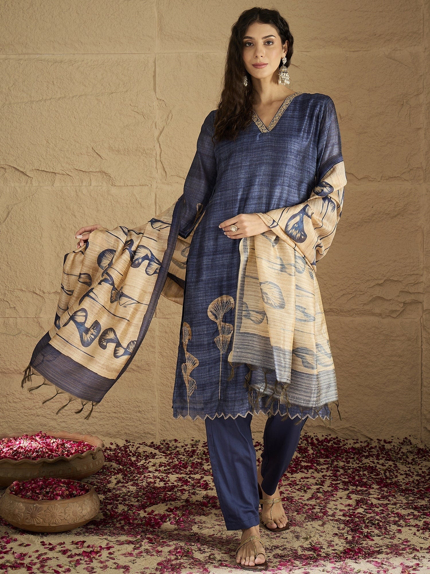 The Kurti Collection Women Graceful Beige Kurta Set Featuring Gota Patti Detailing, Paired With Solid Trousers And Dupatta