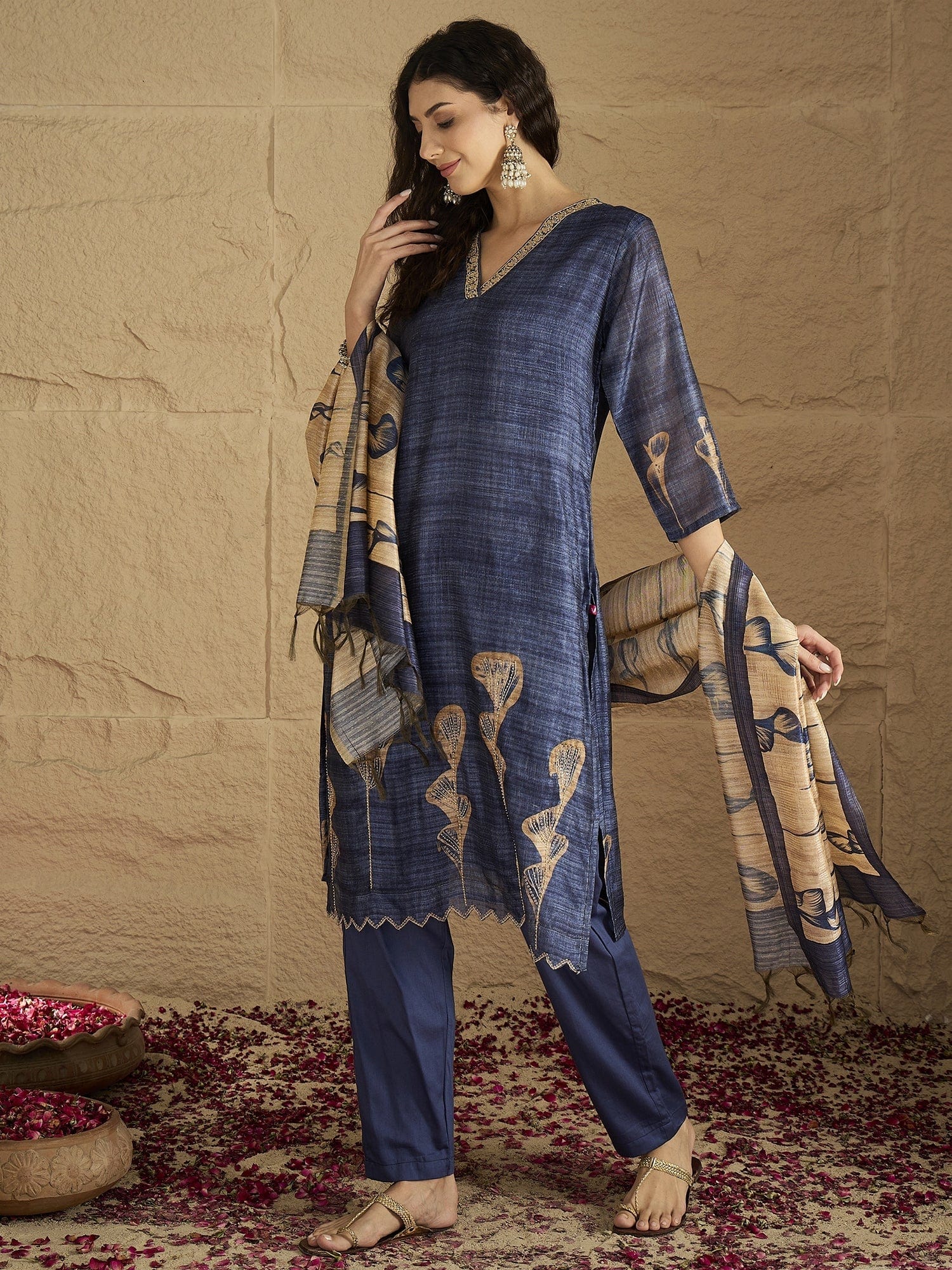 The Kurti Collection Women Graceful Beige Kurta Set Featuring Gota Patti Detailing, Paired With Solid Trousers And Dupatta