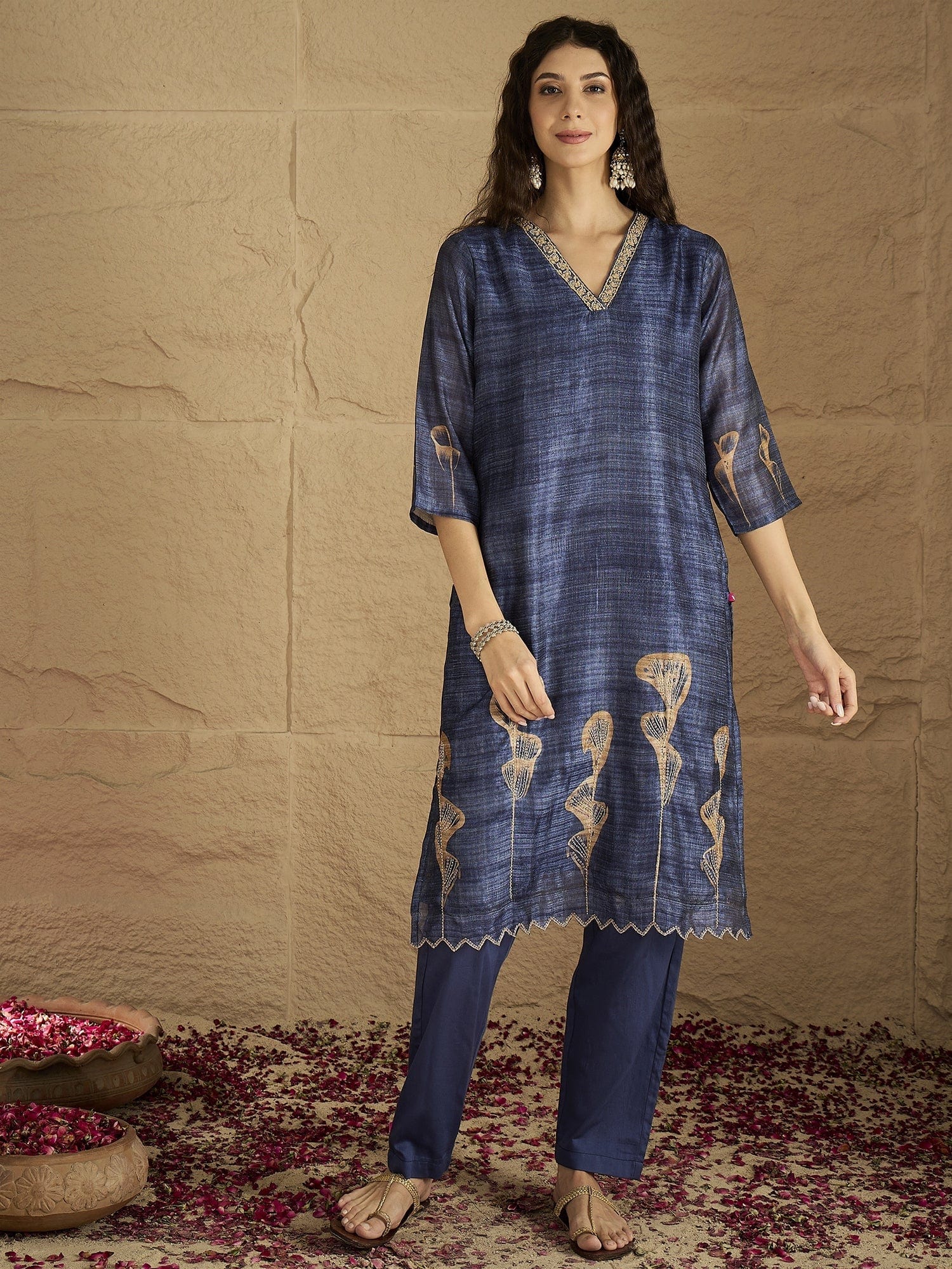 The Kurti Collection Women Graceful Beige Kurta Set Featuring Gota Patti Detailing, Paired With Solid Trousers And Dupatta