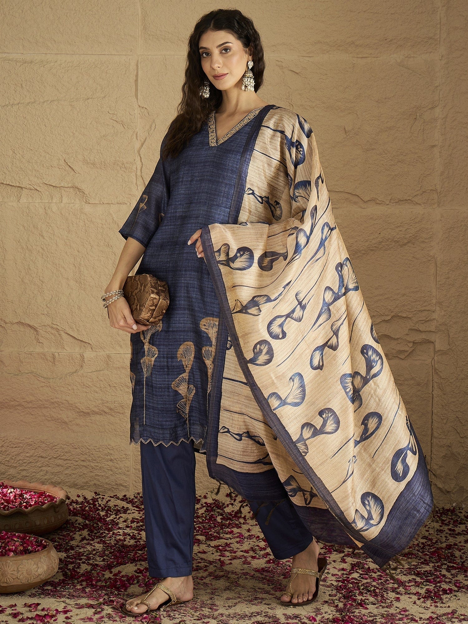 The Kurti Collection Women Graceful Beige Kurta Set Featuring Gota Patti Detailing, Paired With Solid Trousers And Dupatta