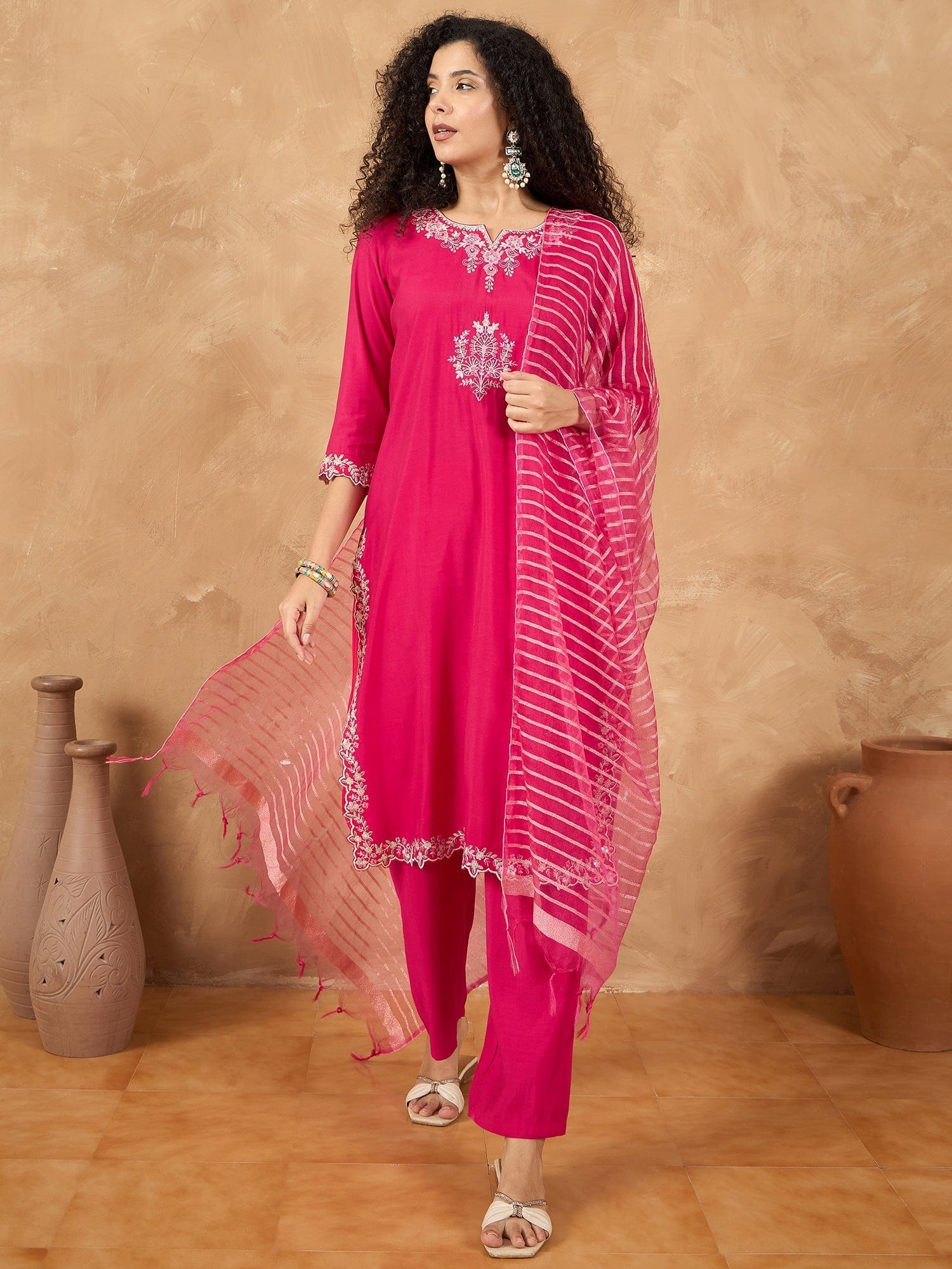 The Kurti Collection Women Kurta Adorned With Thread Embroidery, Teamed With Trousers And Paired With Dupatta Featuring Lurex