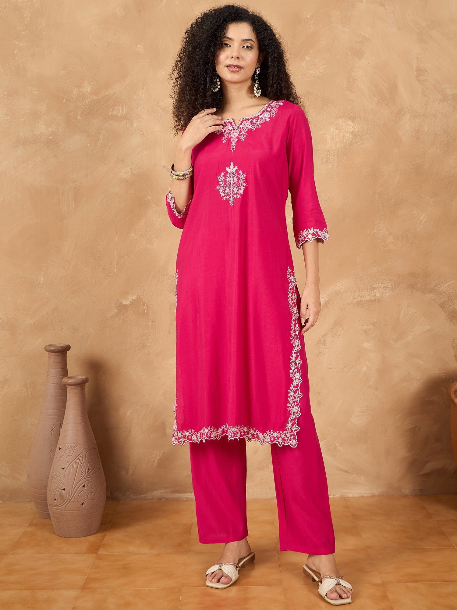 The Kurti Collection Women Kurta Adorned With Thread Embroidery, Teamed With Trousers And Paired With Dupatta Featuring Lurex