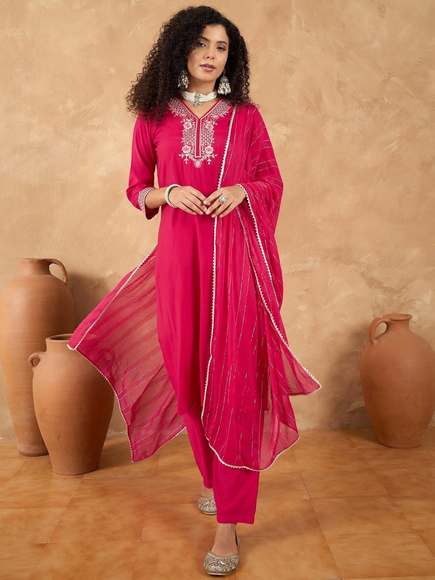 The Kurti Collection Women Kurta Adorned With Thread Embroidery, Teamed With Trousers And Paired With Dupatta Featuring Lurex And Lace Detailing