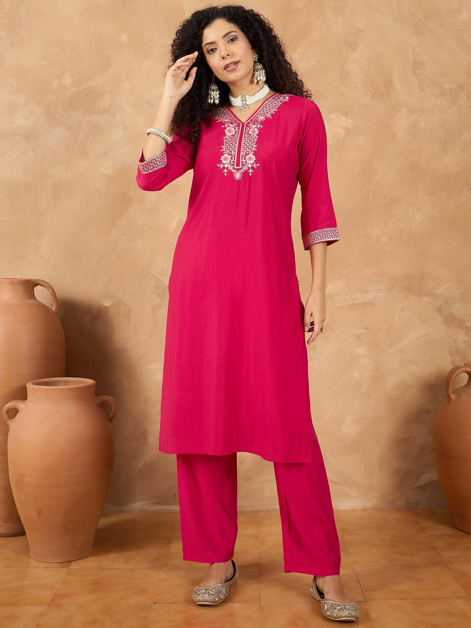 The Kurti Collection Women Kurta Adorned With Thread Embroidery, Teamed With Trousers And Paired With Dupatta Featuring Lurex And Lace Detailing
