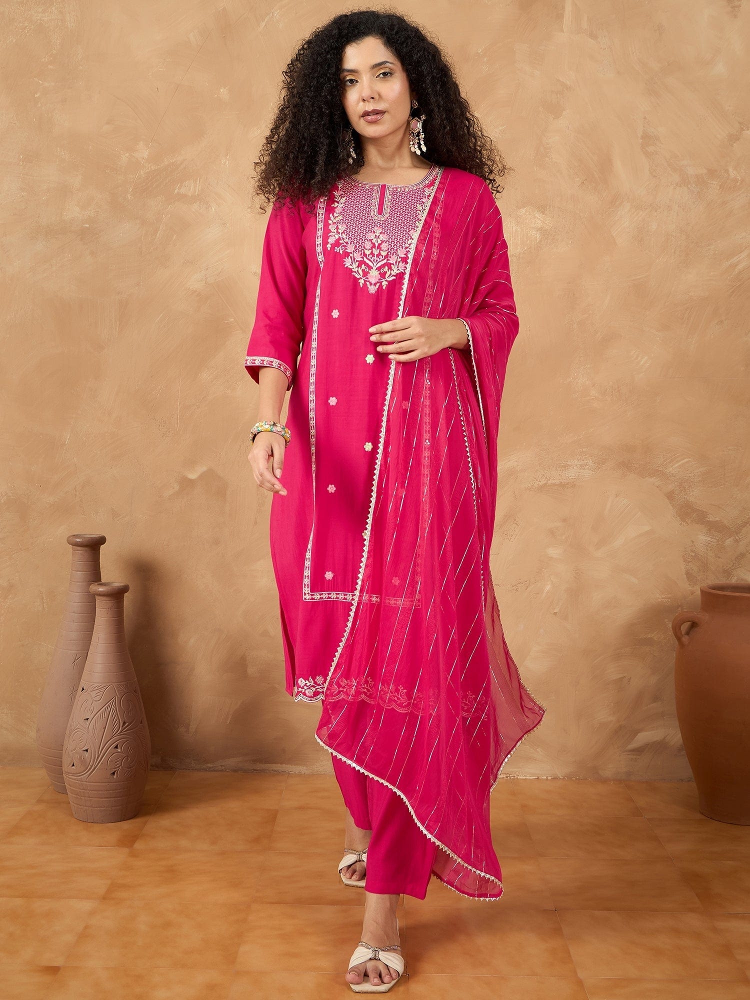 The Kurti Collection Women Kurta Adorned With Thread Embroidery, Teamed With Trousers And Paired With Dupatta Featuring Lurex And Lace Detailing