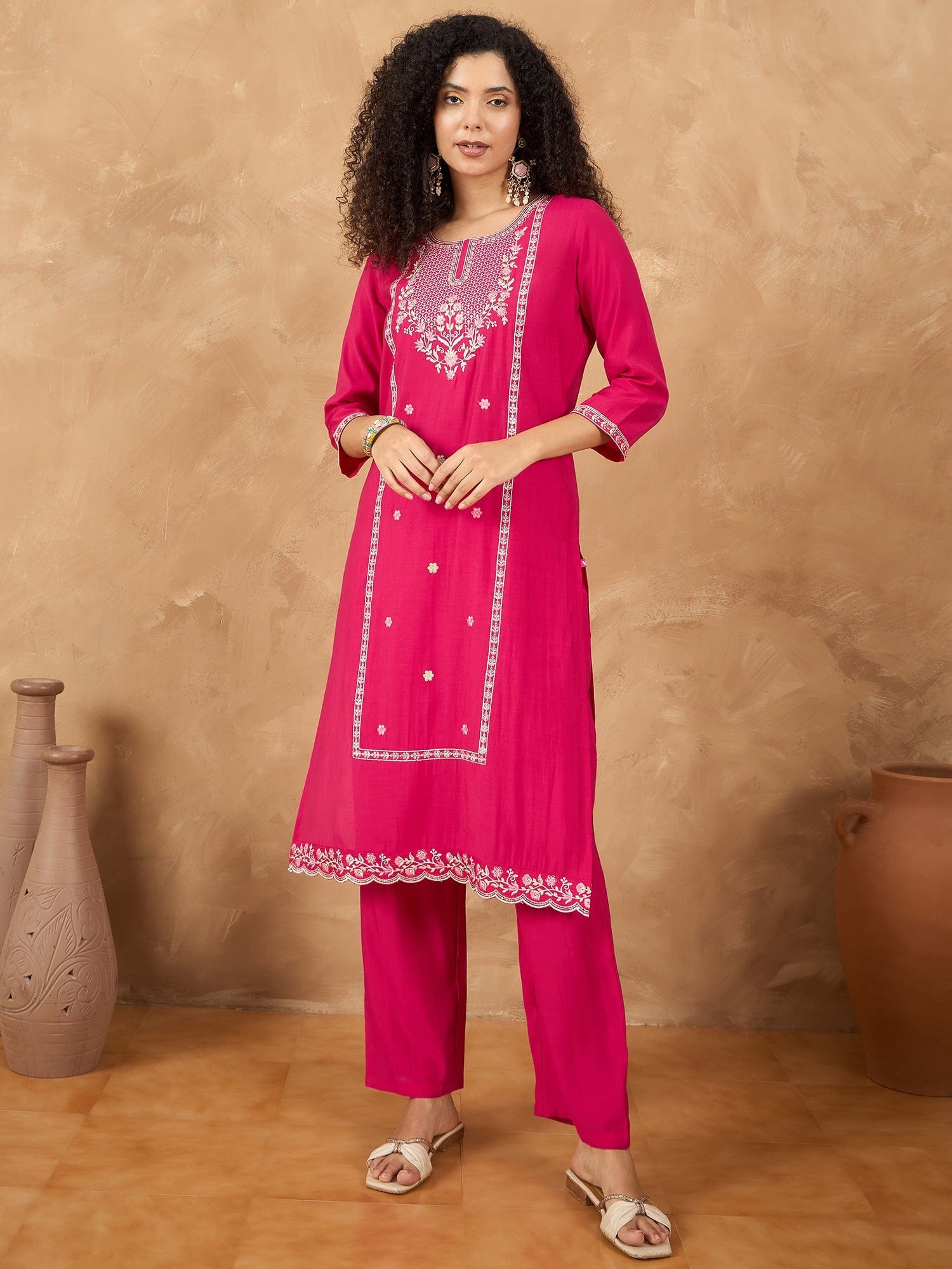 The Kurti Collection Women Kurta Adorned With Thread Embroidery, Teamed With Trousers And Paired With Dupatta Featuring Lurex And Lace Detailing