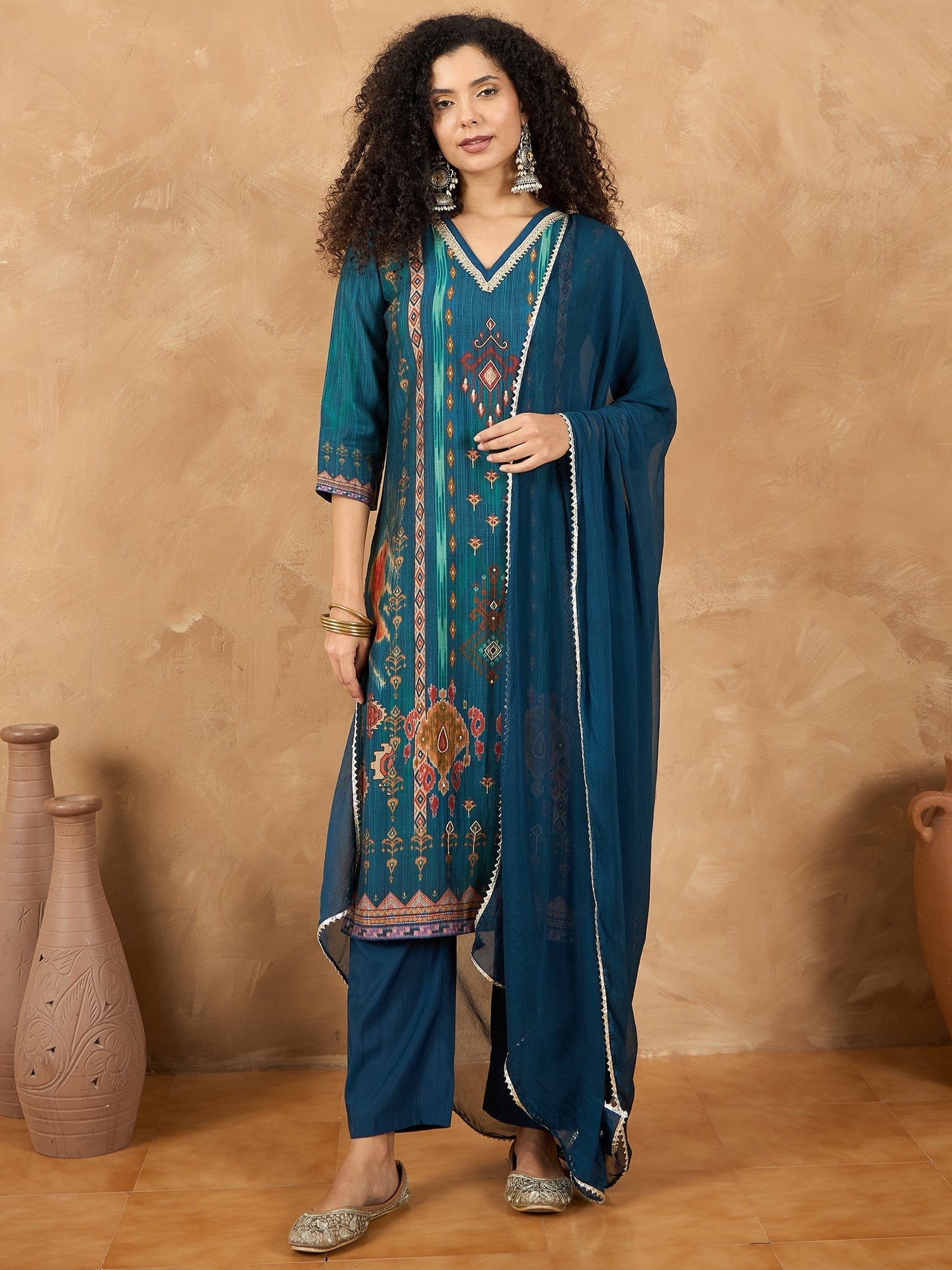 The Kurti Collection Women A Vibrant 3-Piece Blue Ikat-Printed Kurta Set With Solid Trousers And A Lace-Trimmed Dupatta (Perfect For Festive Occasions, Styled Best With Jhumkas, Juttis, And Soft Glam Makeup.)
